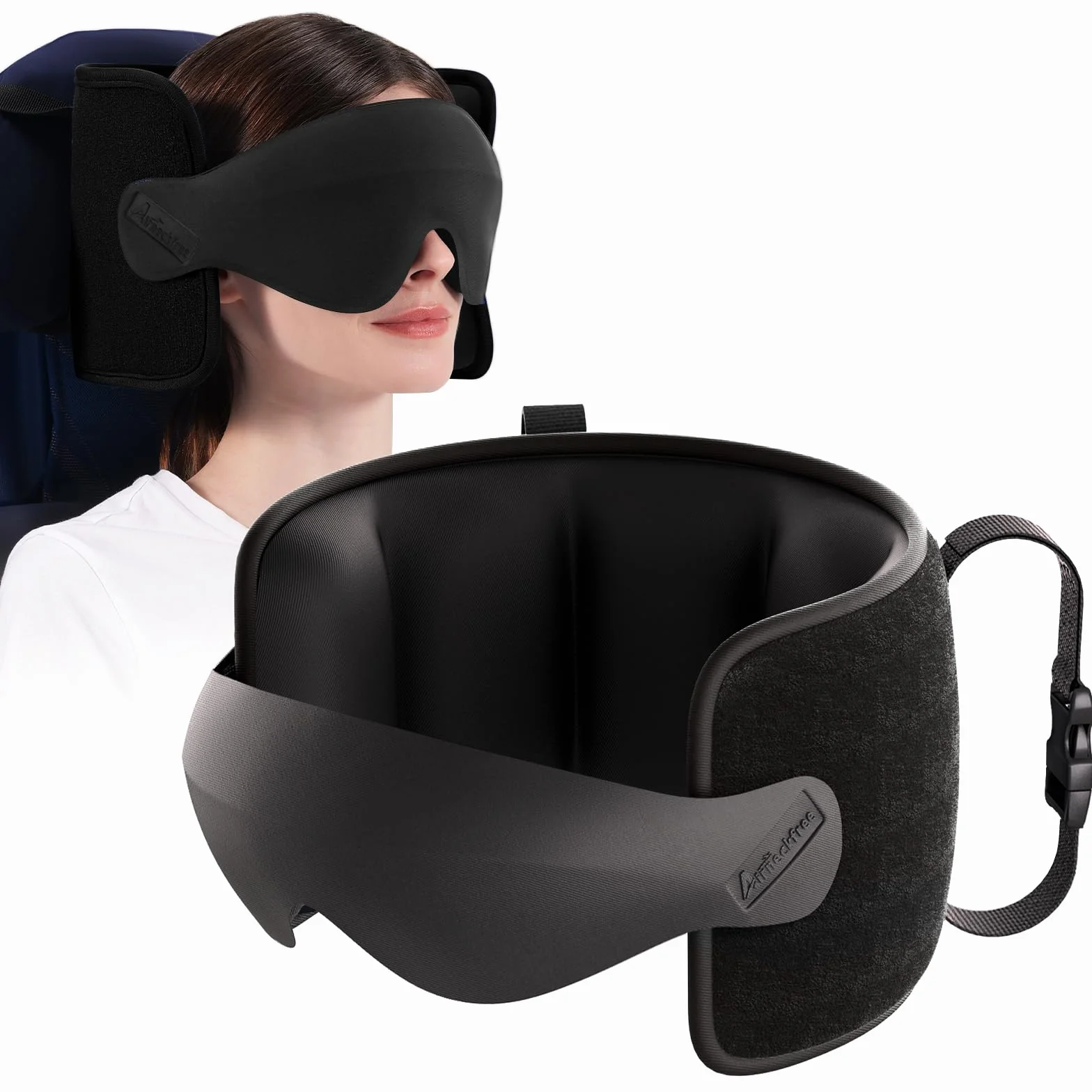 Oreiller de Voyage avec Sangle et Masque 3D Maintien Tête 360° Anti-Basculement Noir