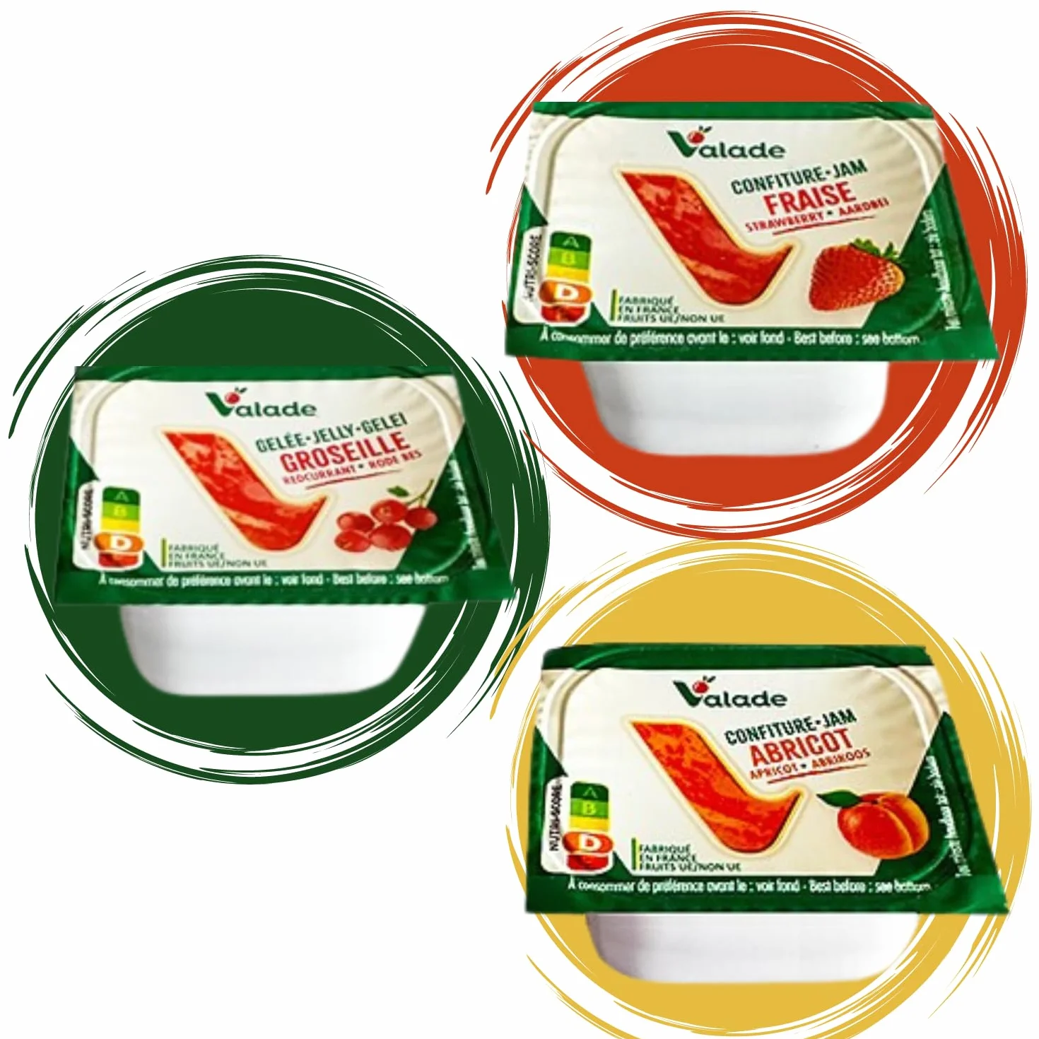 VALADE - 54 barquettes préparation de fruits et pâte à tartiner | Préparation de fruits 35% abricot, fraise, groseille et pâte à tartiner - petit déjeuner hôtel, gîte, restauration pro