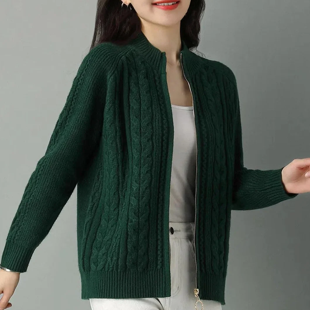 Cardigan Tricoté Femmes Demi-Col Haut Fermeture Éclair Manches Longues