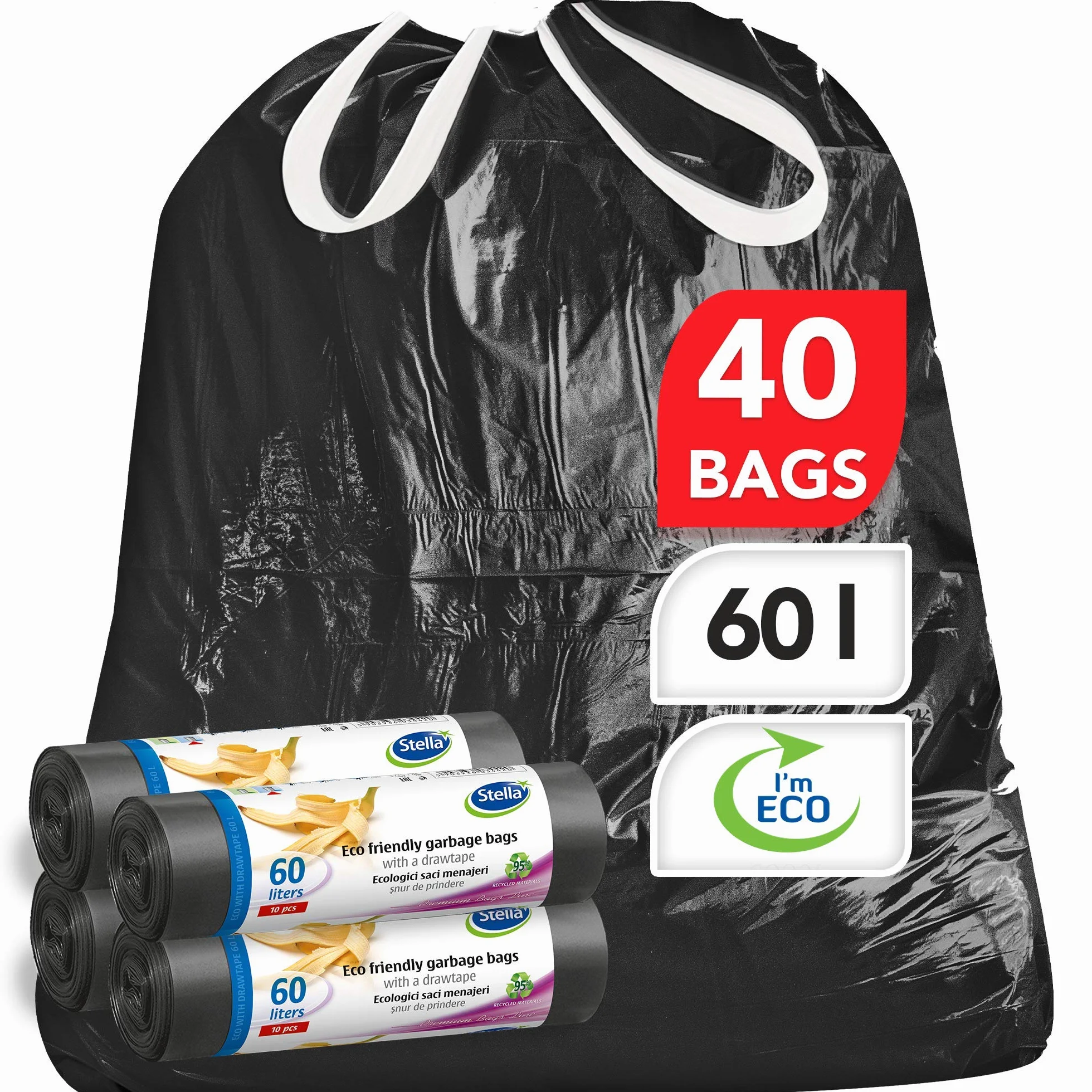Stella Pack Sac Poubelle 60l Noir 40 Pièces Sacs Résistants Fermeture Coulissante Recyclable Durable Idéal Intérieur et Extérieur Sac 35 Litres Polyvalent, en plastique recyclé