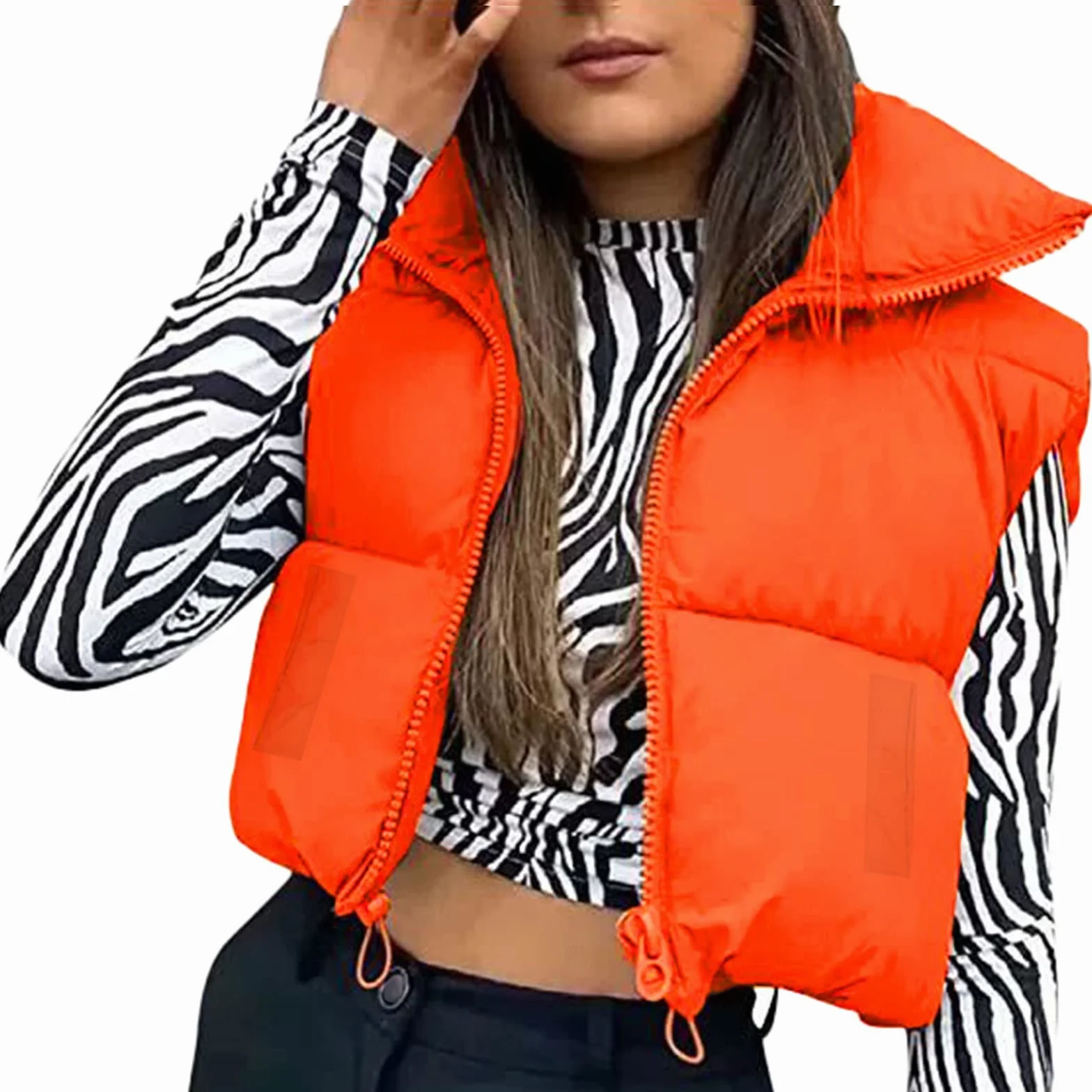 Gilet matelassé sans manches femme court grande taille avec poches cordon réglable hiver