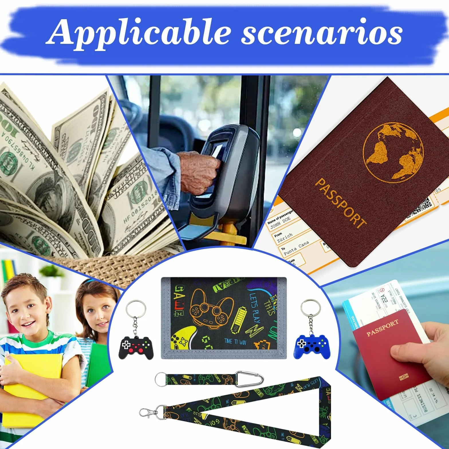 Portefeuille Ado Garcon Pliable Motif Console de Jeu Noir Cadeau Rentrée Scolaire