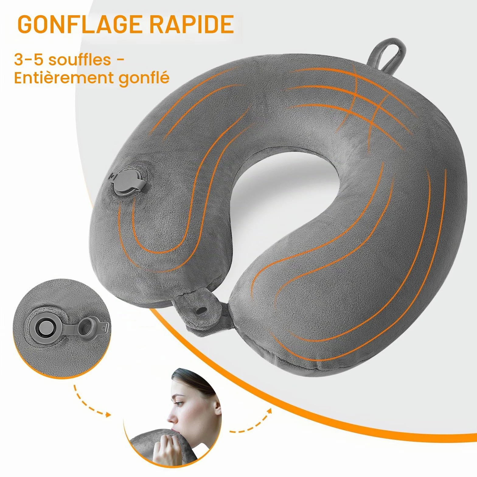 Coussin de Voyage Gonflable avec Masque pour Les Yeux, Oreiller Avion Compact Gris