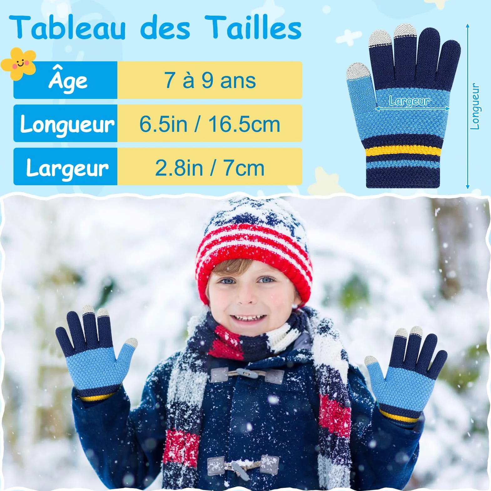 Kiiwah 3 Paires Gants Tricotés Chauds pour Enfants, Doigts Complets Thermique, Garçons 7-9 Ans (Bleu, Marine, Gris)