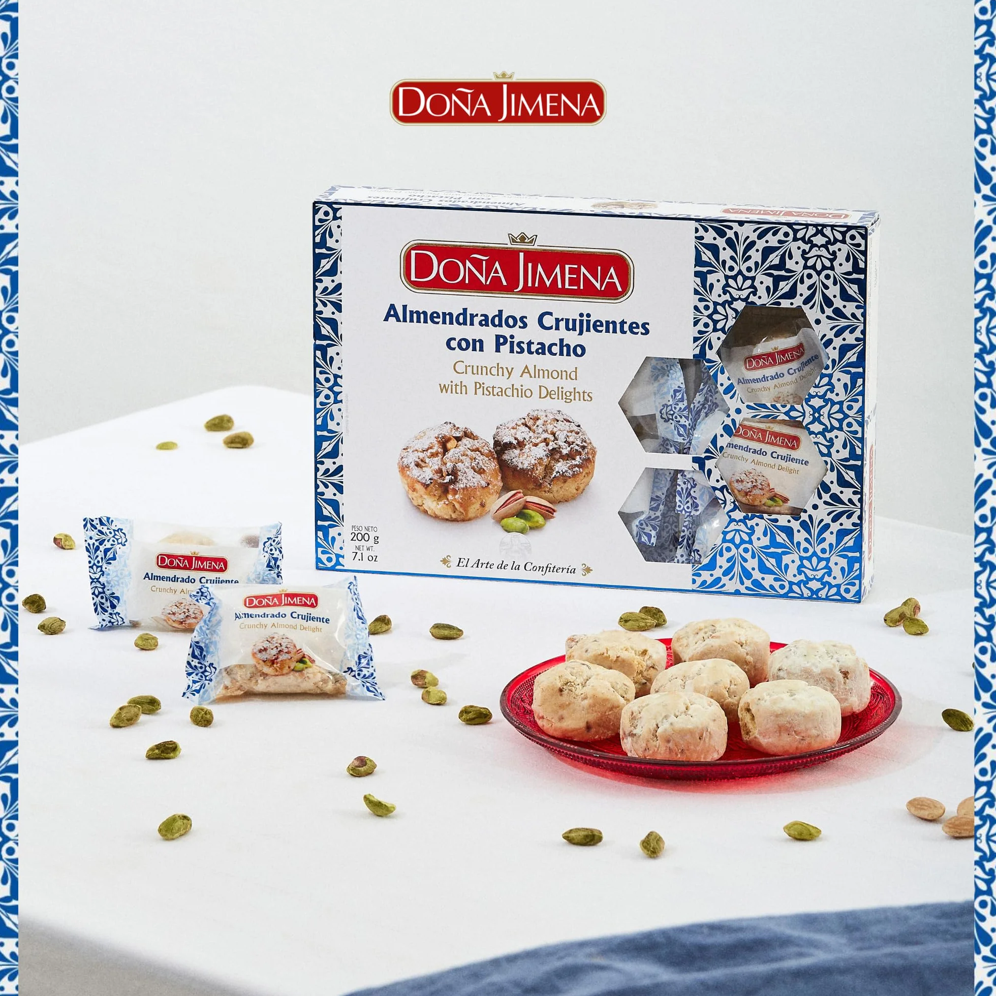 DOÑA JIMENA – Almendrados Croquants au Pistache 200 g, Biscuit Espagnol Traditionnel aux Fruits Secs, Texture Croquante, Emballés Individuellement, Recette Classique