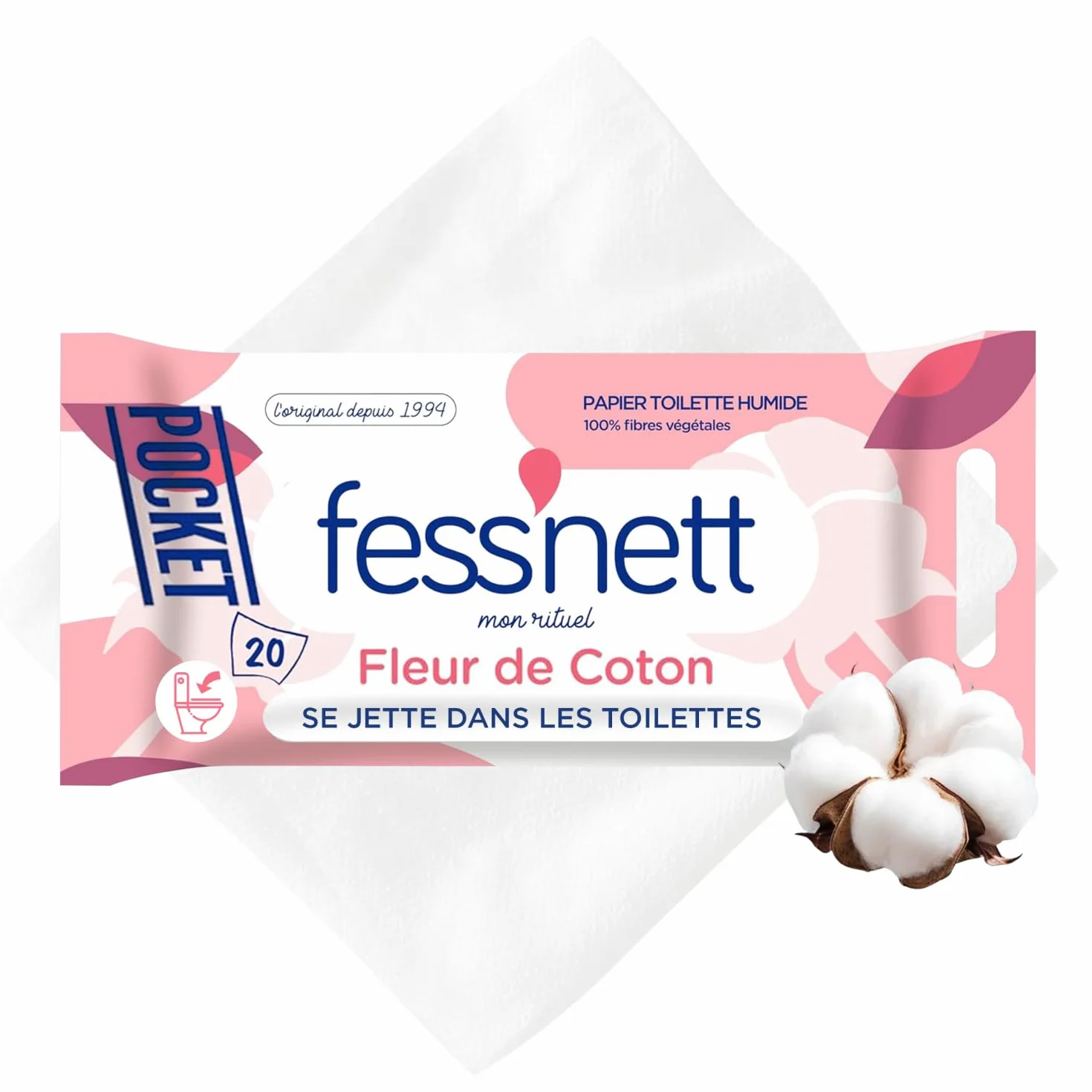 Fess Nett - Papier Toilette Humide Pocket Fleur de Coton x20 - Formule testée dermatologiquement 0% parabène 0% phenoxyethanol - Pour peaux normales à sensibles