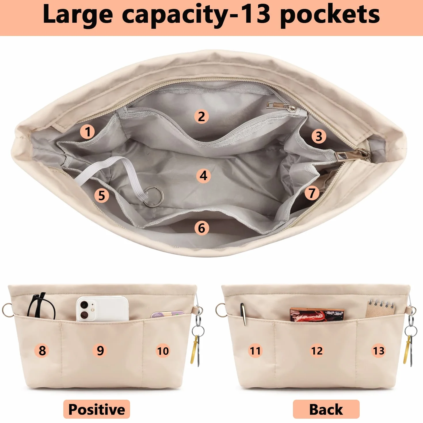 Organisateur de sac à main en nylon beige taille M avec trousseau de clés