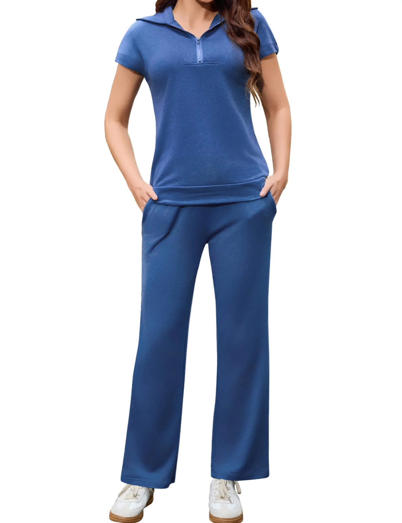 Aottori Survêtement Femme Sport 2 Pièces Jogging Manches Courtes Pantalon Yoga Fitness Zippé Poches
