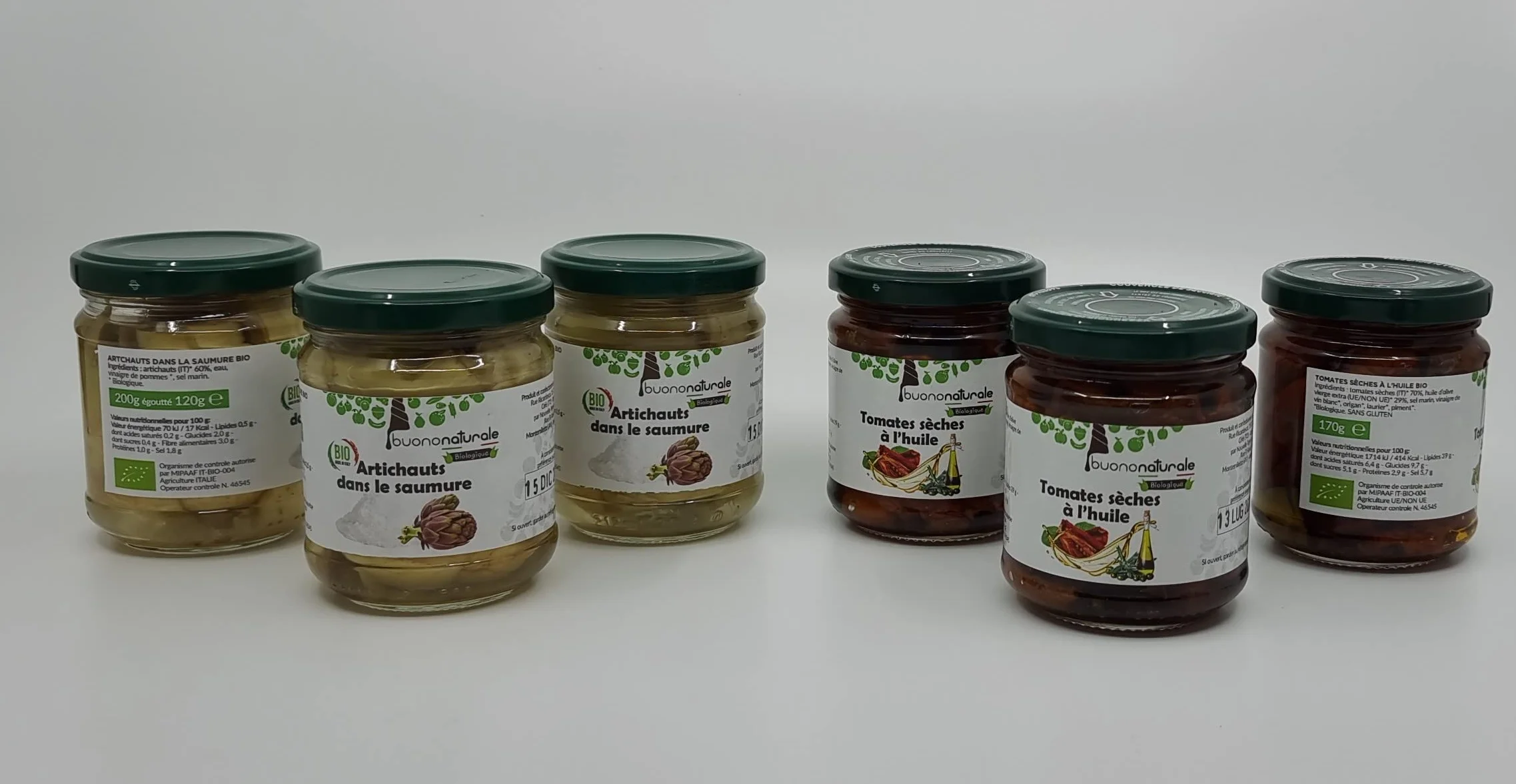 buononaturale Boîte aux artichauts et tomates BIO 1,11g — pack mixte de 3pcs Tomates séchées à l’huile BIO (3x170g) et 3pcs Artichauts dans le saumure BIO (3x200g)