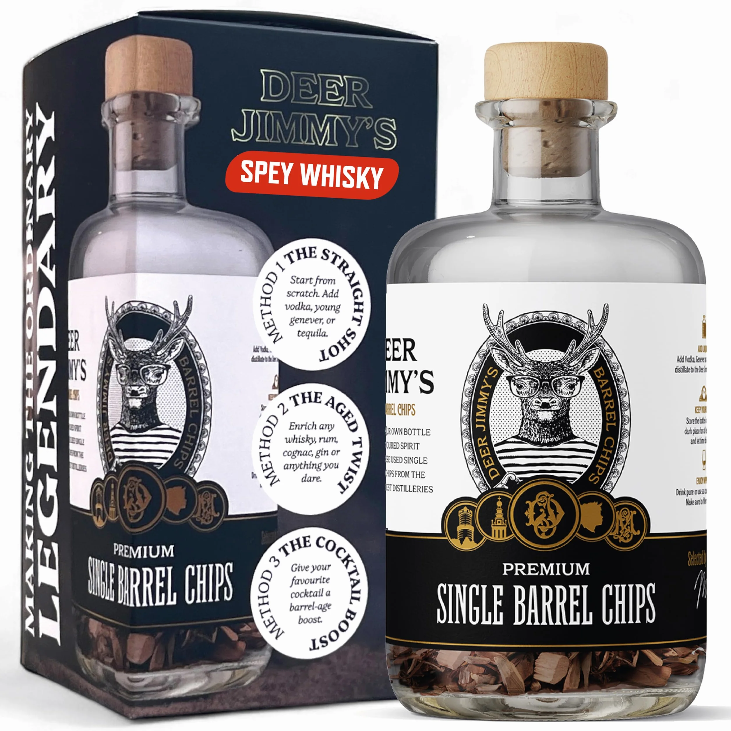 Deer Jimmy's® Coffret DIY Whisky – Fabrique Ton Propre Whisky avec du chêne Premium Issu de véritables fûts de Speyside – Maturation en fût Intense pour Tout spiritueux – Cadeau Parfait pour Homme