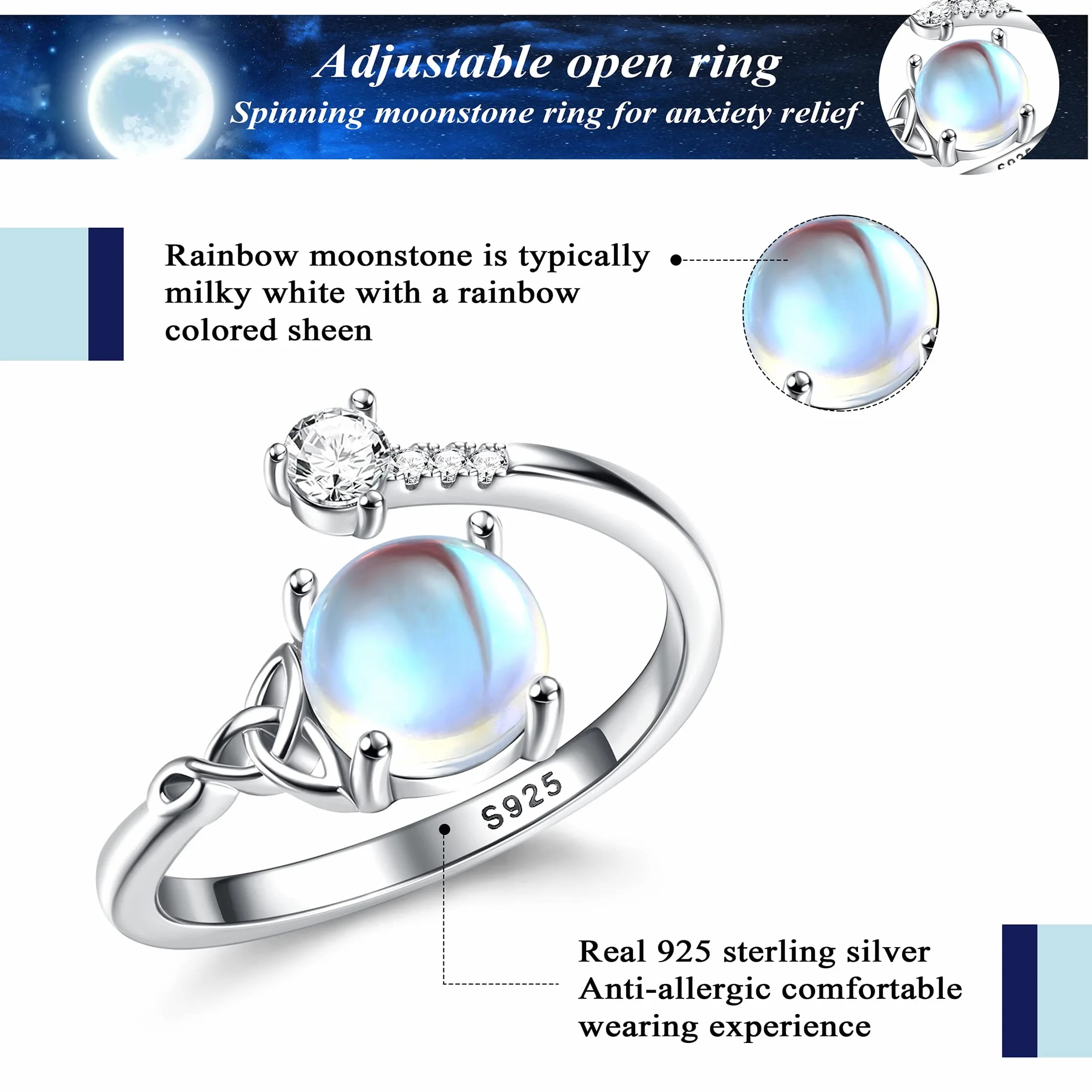 Bague Pierre De Lune Argent 925 Ajustable Triangle Celtique Zirconium Ovale Rond Coeur Pour Femme