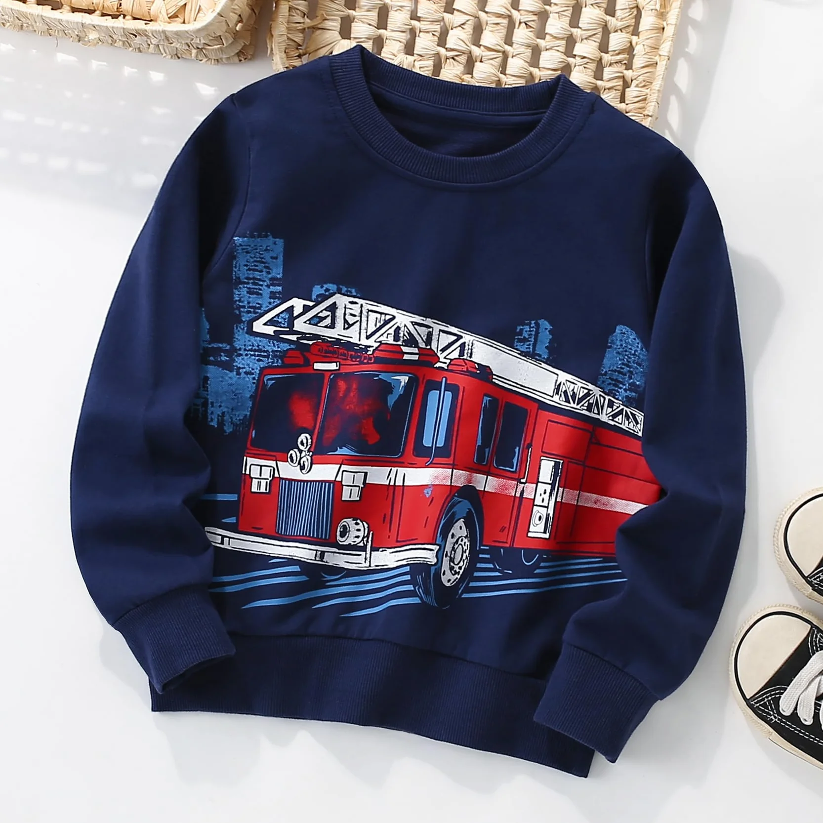 Sweatshirt Garçon Col Rond Dinosaure Excavateur Pull Enfant Coton 2-7 Ans