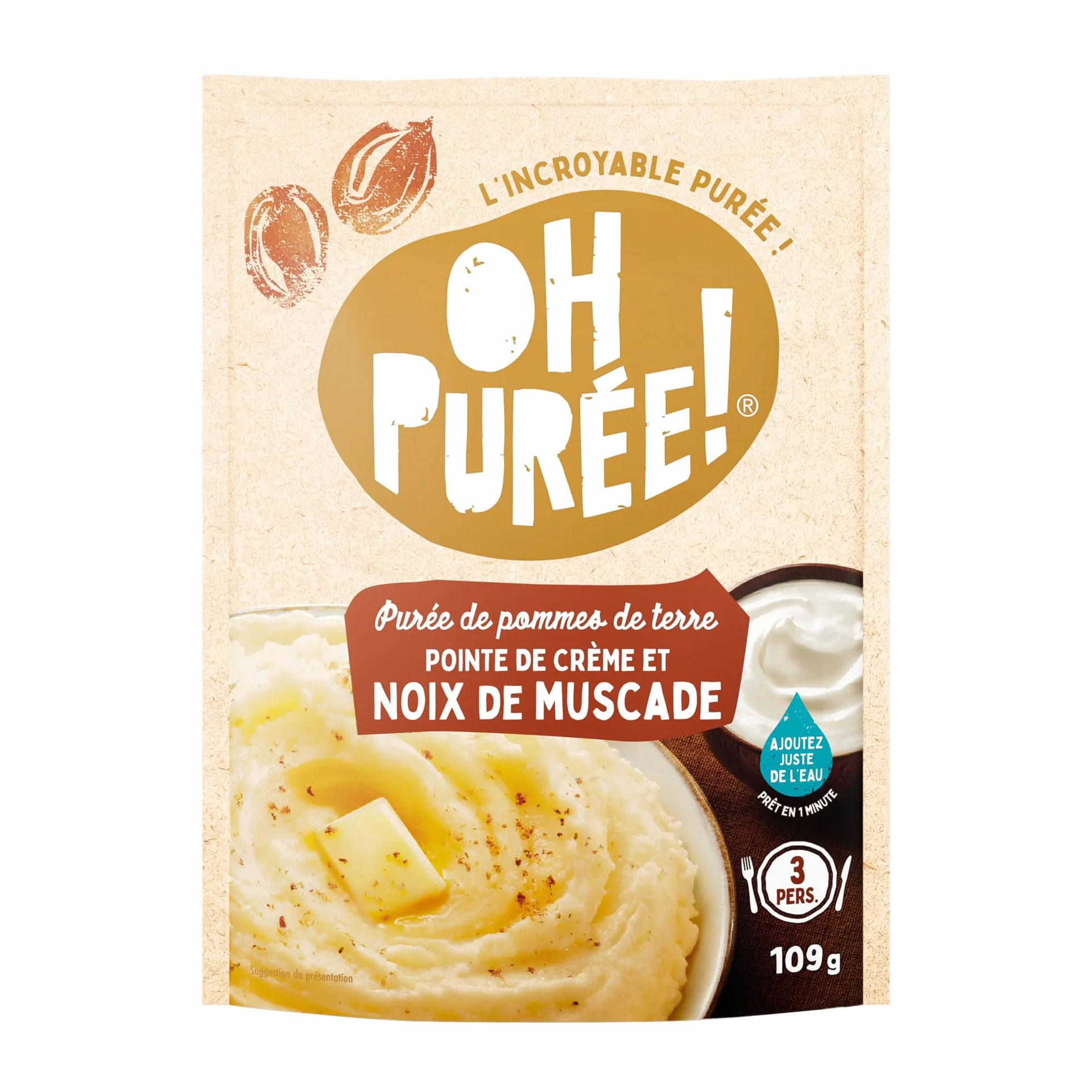 OH PUREE! Carton de 12 sachets de 109g de purée saveur noix de Muscade-Une purée prête en seulement une minute, en ajoutant juste de l'eau