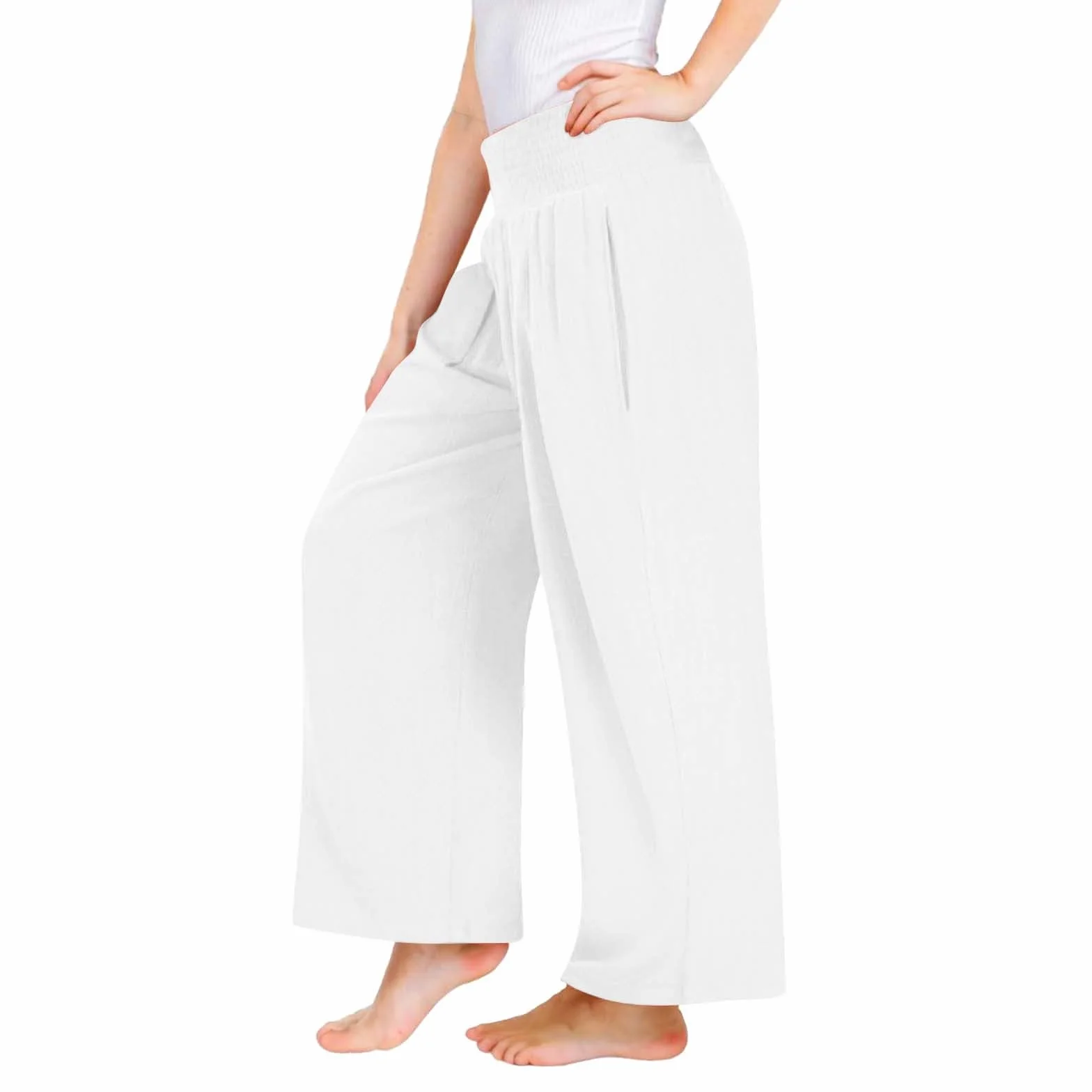 Pantalon en lin pour filles jambe large taille élastique léger respirant été décontracté ample doux confortable