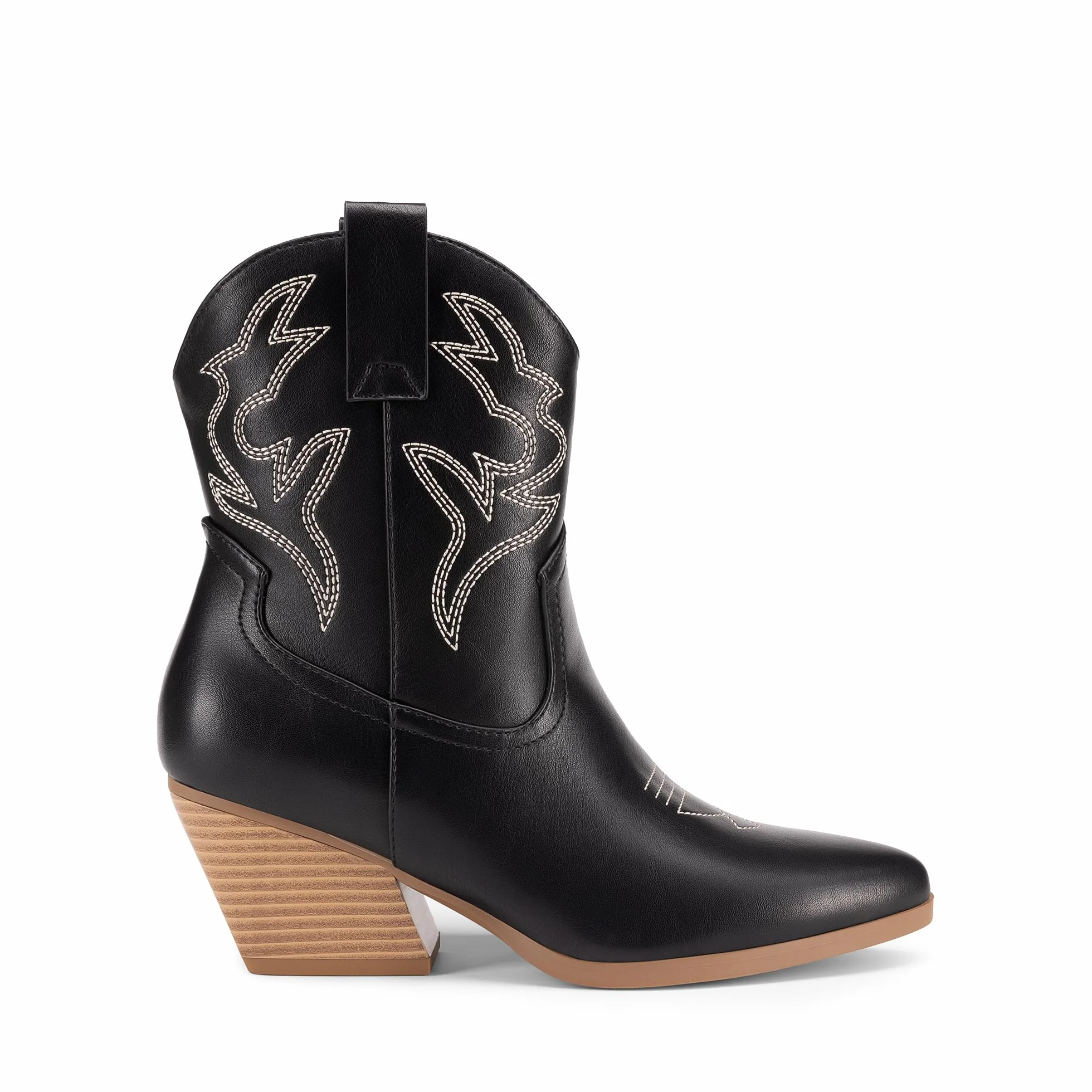 DREAM PAIRS Bottes Femme Western Courtes Talon Bloc Bas Bout Pointu Bottines Cowboy Cowgirl Brodées Automne Hiver