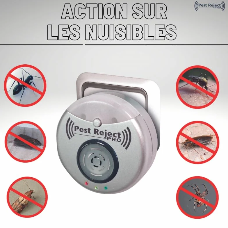 Pest Reject Pro - Lot de 4 - VENTEO - Répulsif nuisibles Repulse Power - Ultrasons et électromagnétisme - Couleur Gris - Couverture de Votre Maison de 200m² - Veilleuse intégrée