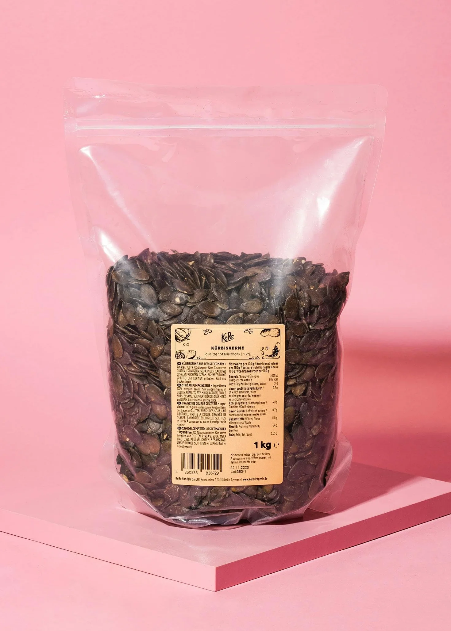 KoRo - Graines de courge de Styrie 1 kg - Naturel et non grillé, sans sel ni peau