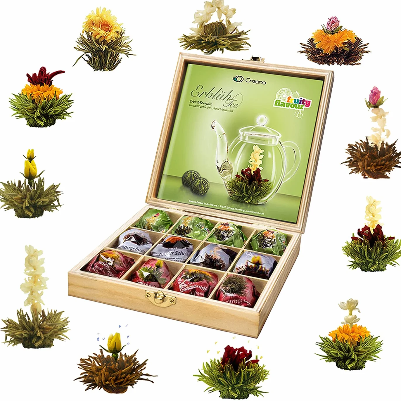 Creano Coffret Cadeau Fleurs de Thé Mix 12 pcs – Boîte en Bois avec 3 Thés (Blanc, Vert, Noir) – 11 Variétés différentes – Idée Cadeau Durable et Chic