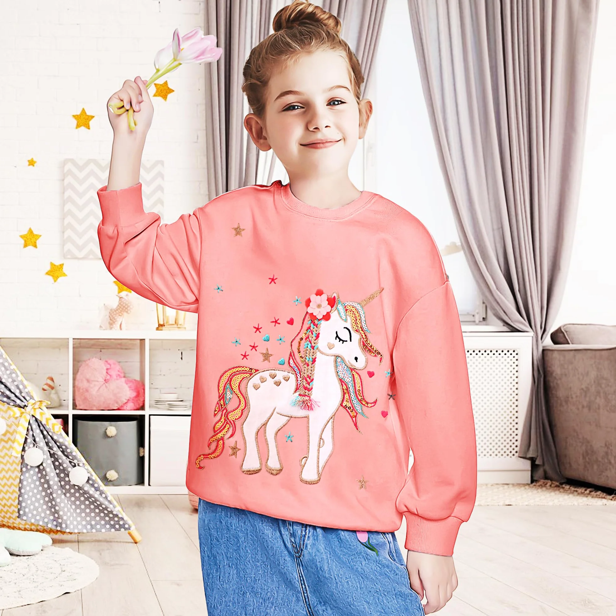JinBei Sweat-Shirt Fille Pull Manches Longues Coton Hiver Automne Printemps Haut 2-7 Ans