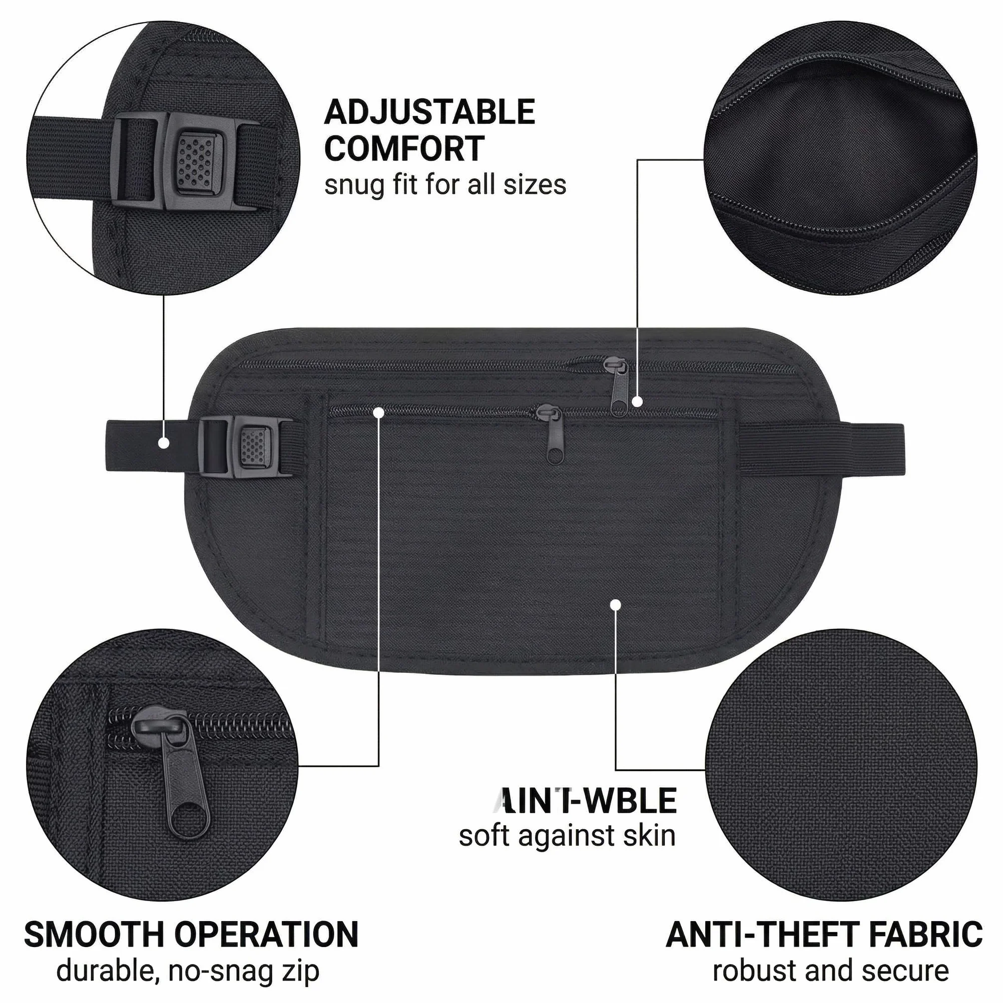 Ceinture Cache-Billets Lot de 2 avec Blocage RFID, Pochette de Voyage Secrète Antivol pour Passeport et Argent, Noir & Kaki