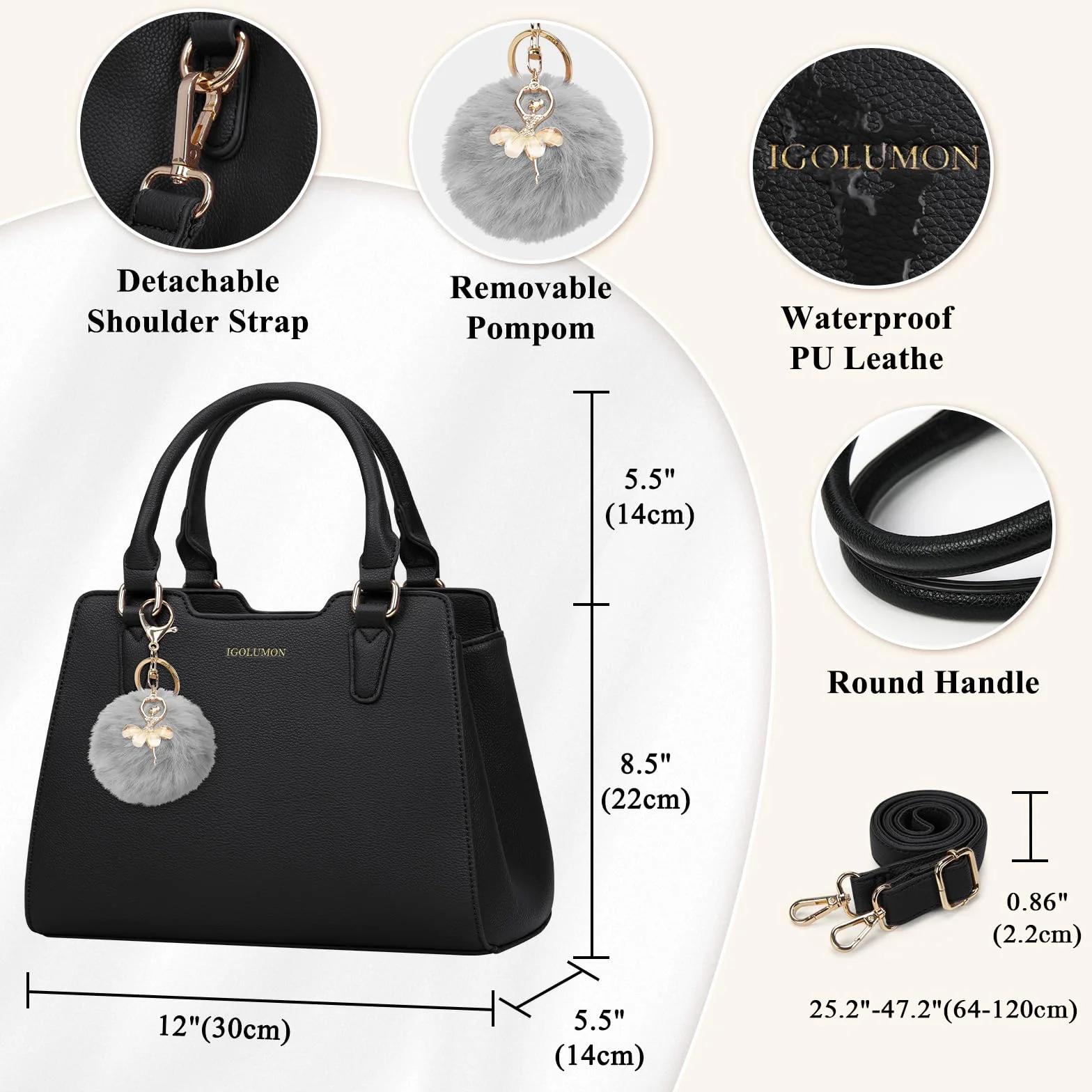 IGOLUMON Sac à Main Femme Cuir Bandoulière Sac Fourre Tout Sacoche pour Université Travail Noir