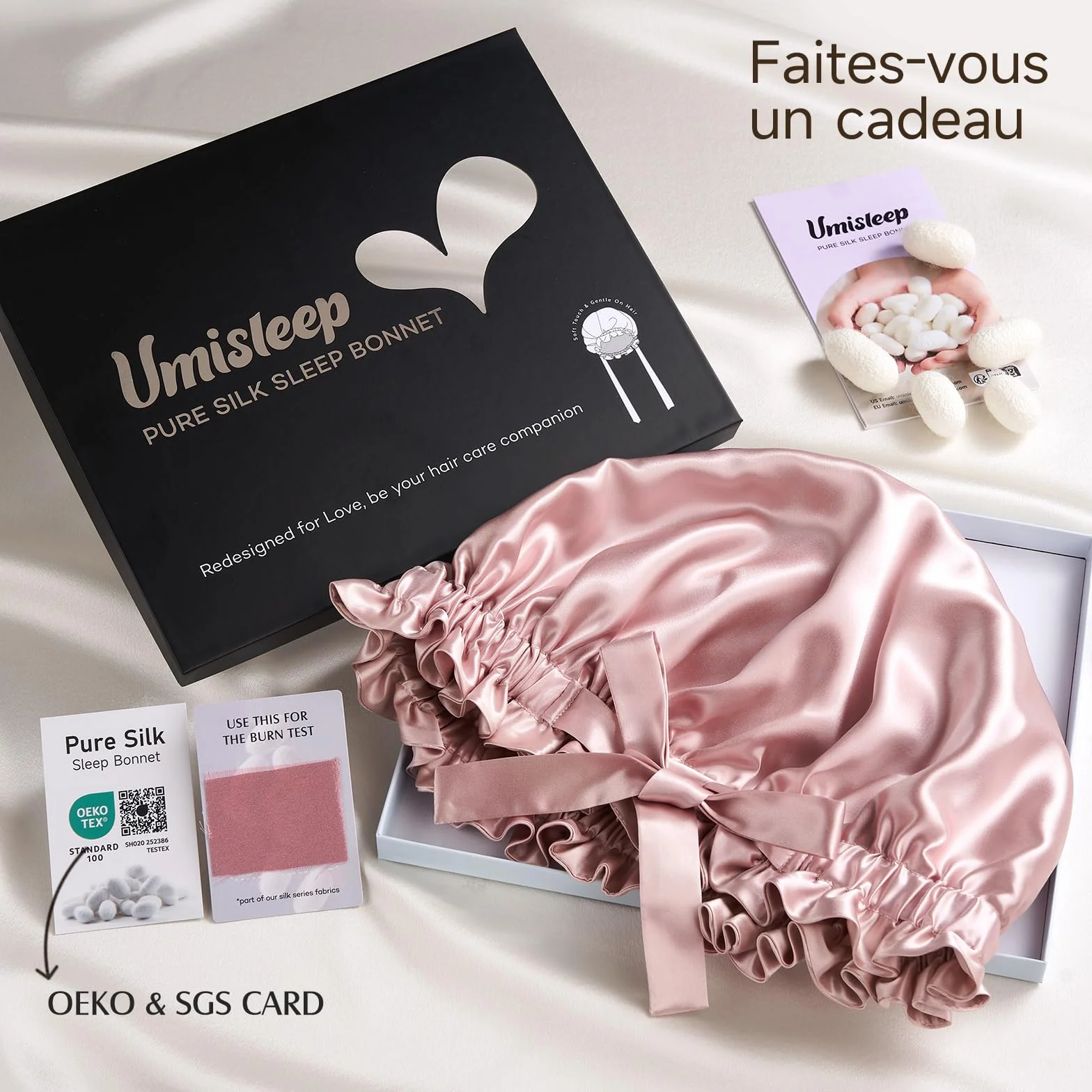 Umisleep Bonnet 100% Soie de mûrier réversible 22 Momme Volants Cheveux bouclés – Doux Respirant Bande réglable Nuit