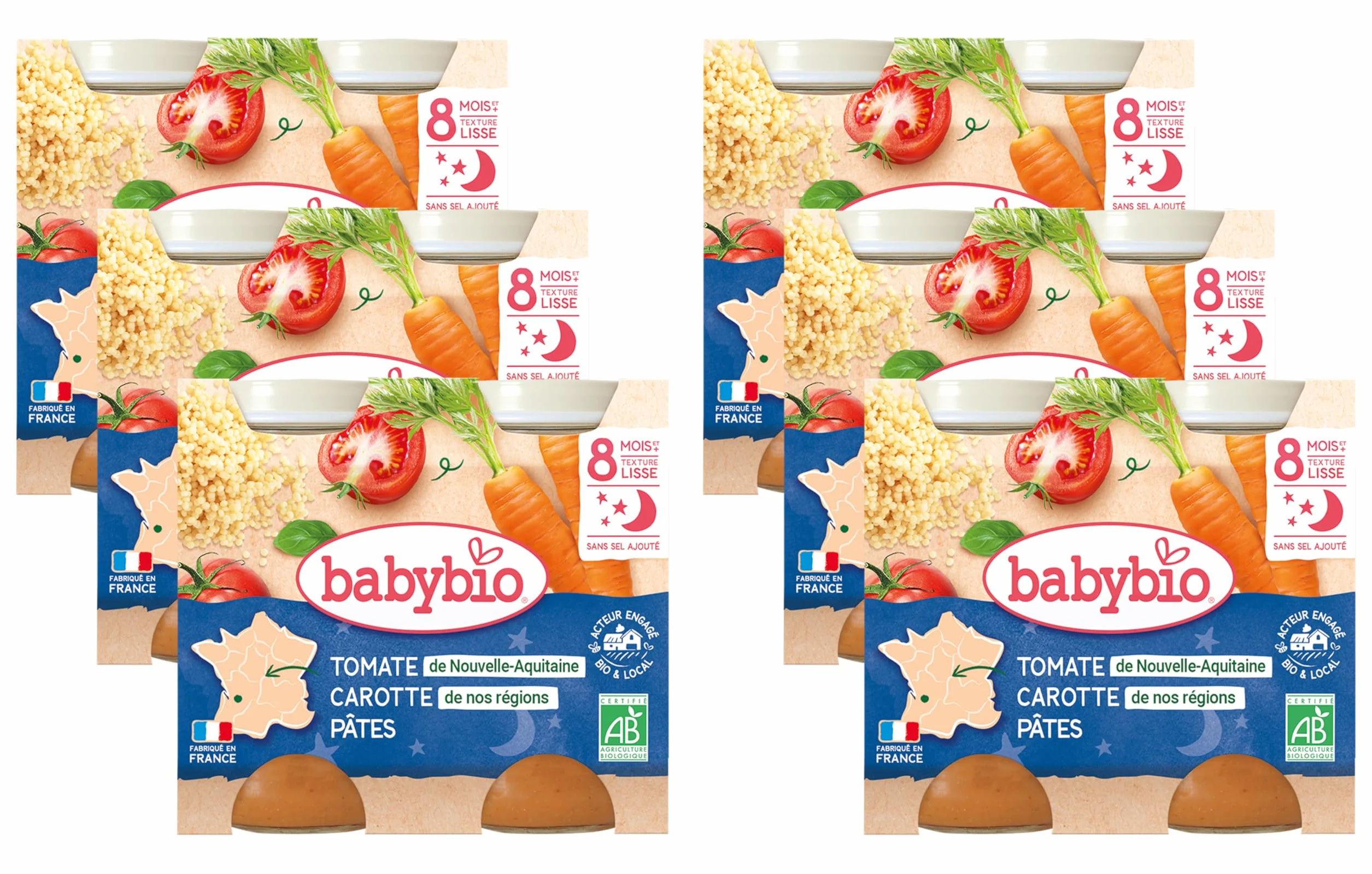 Babybio - Petits Pots - Compotée de Carottes Tomate/Pâtes- 2x200g - Lot de 6 - BIO