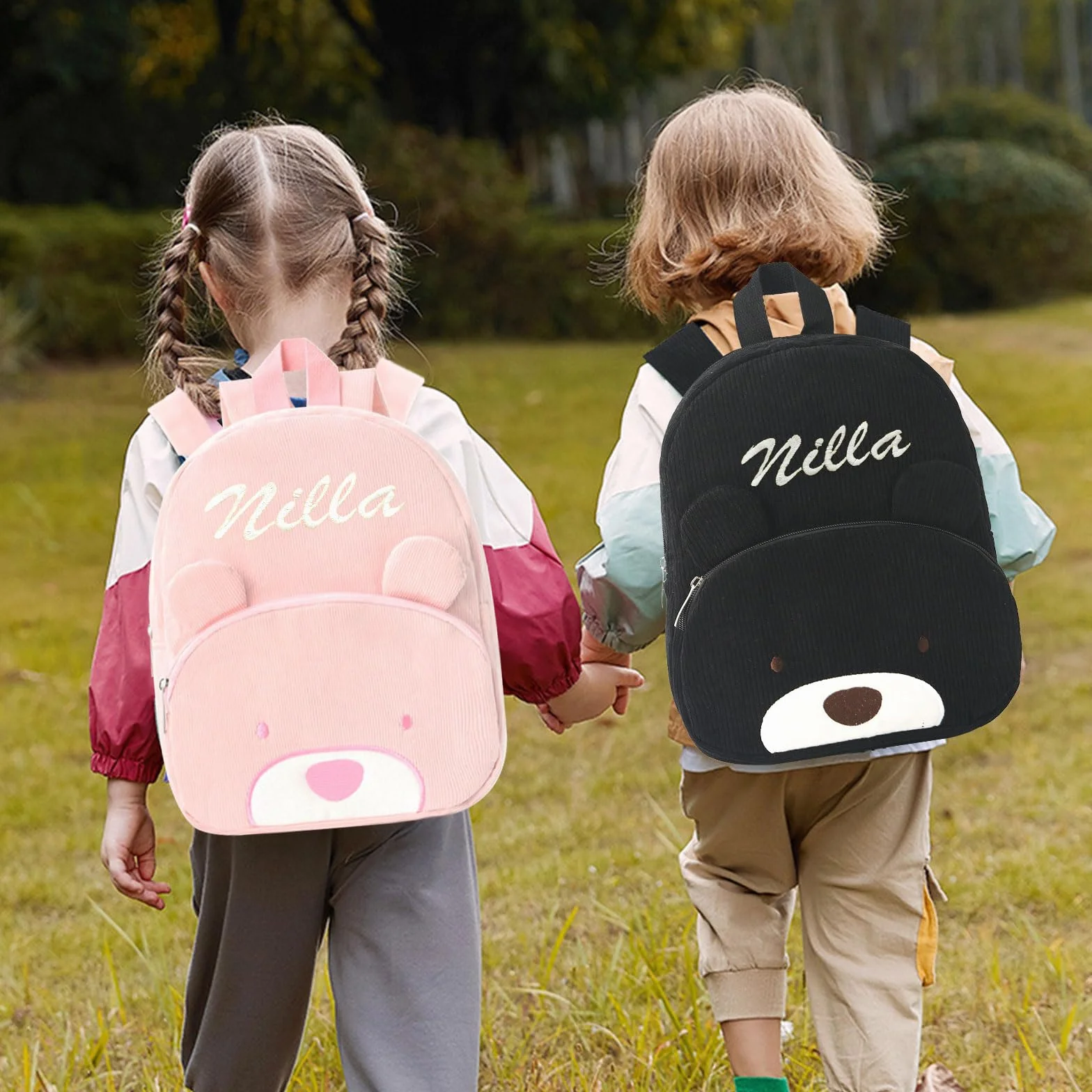Sac à Dos Enfant Personnalisé Broderie Prénom Velours Côtelé Ours Maternelle Fille Garçon