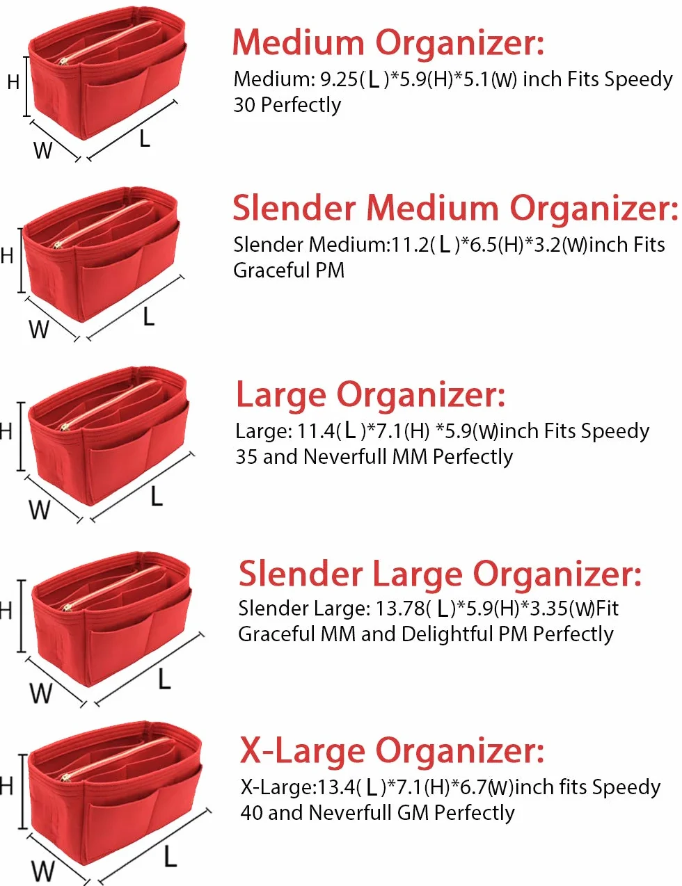 Organiseur de sac à main en feutre avec fermeture éclair pour Speedy Neverful PM MM, Rouge, M