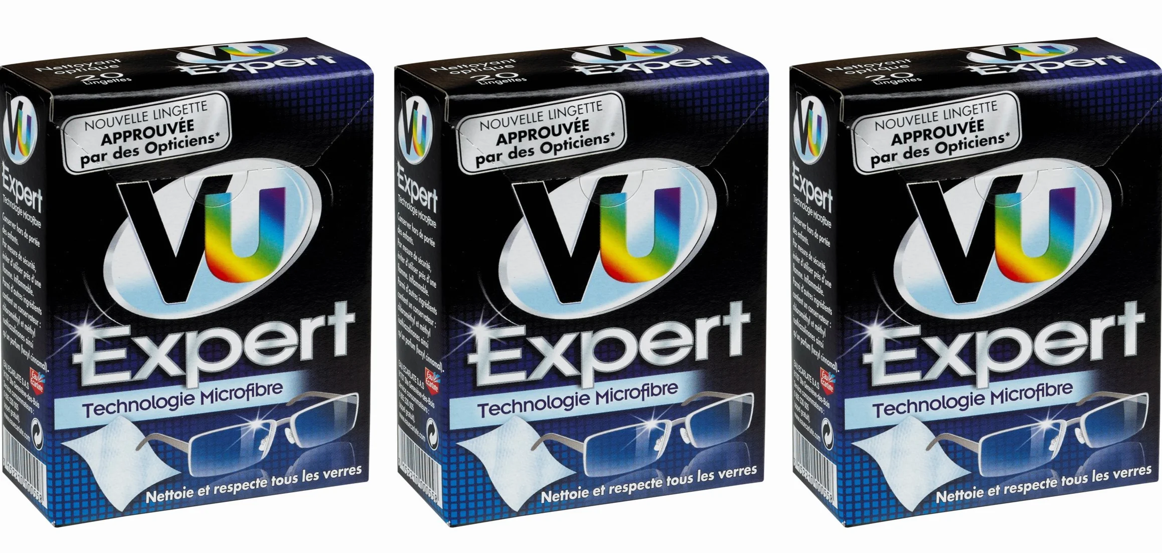 VU Expert - Lingettes nettoyantes lunettes microfibre respecte et nettoie tous type de verre - Etui de 20 lingettes Lot de 3