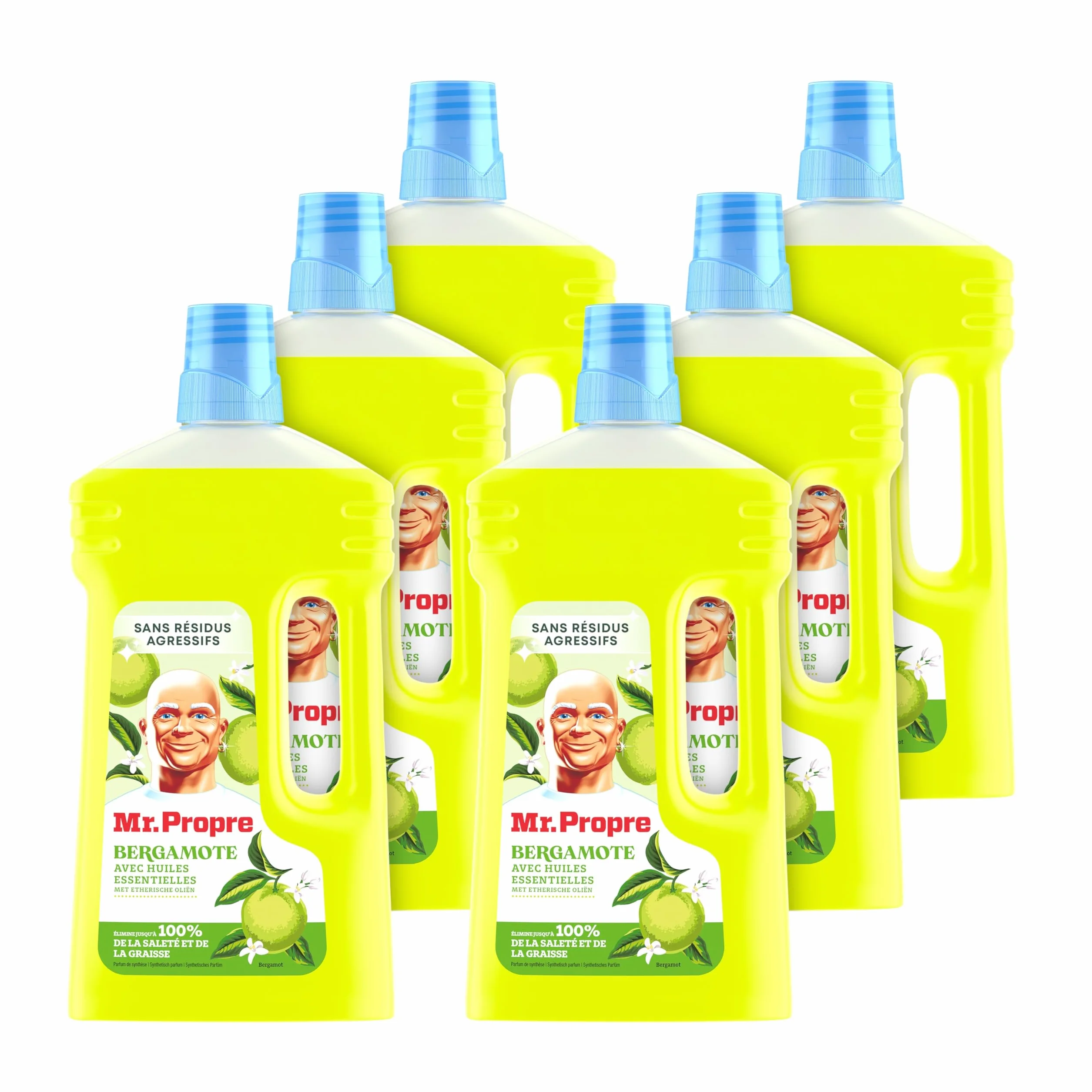 Mr. Propre Nettoyant Liquide Sol Multi-Usages Parfum Bergamote 1L x6 | Grand format (1L).Élimine Jusqu'à 99.9% Graisse et Saleté, Sans Traces, Fraîcheur Longue Durée