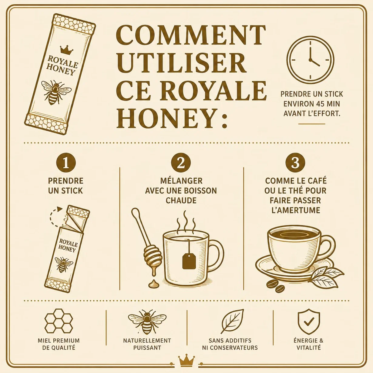 MIEL OR PRODUIT ALIMENTAIRE ROYALE 100% NATUREL INTENSE POUR HOMME EN STICKS - GINSENG FORMULE EFFICACE 10 SACHETS INDIVIDUELS FORMAT PRATIQUE