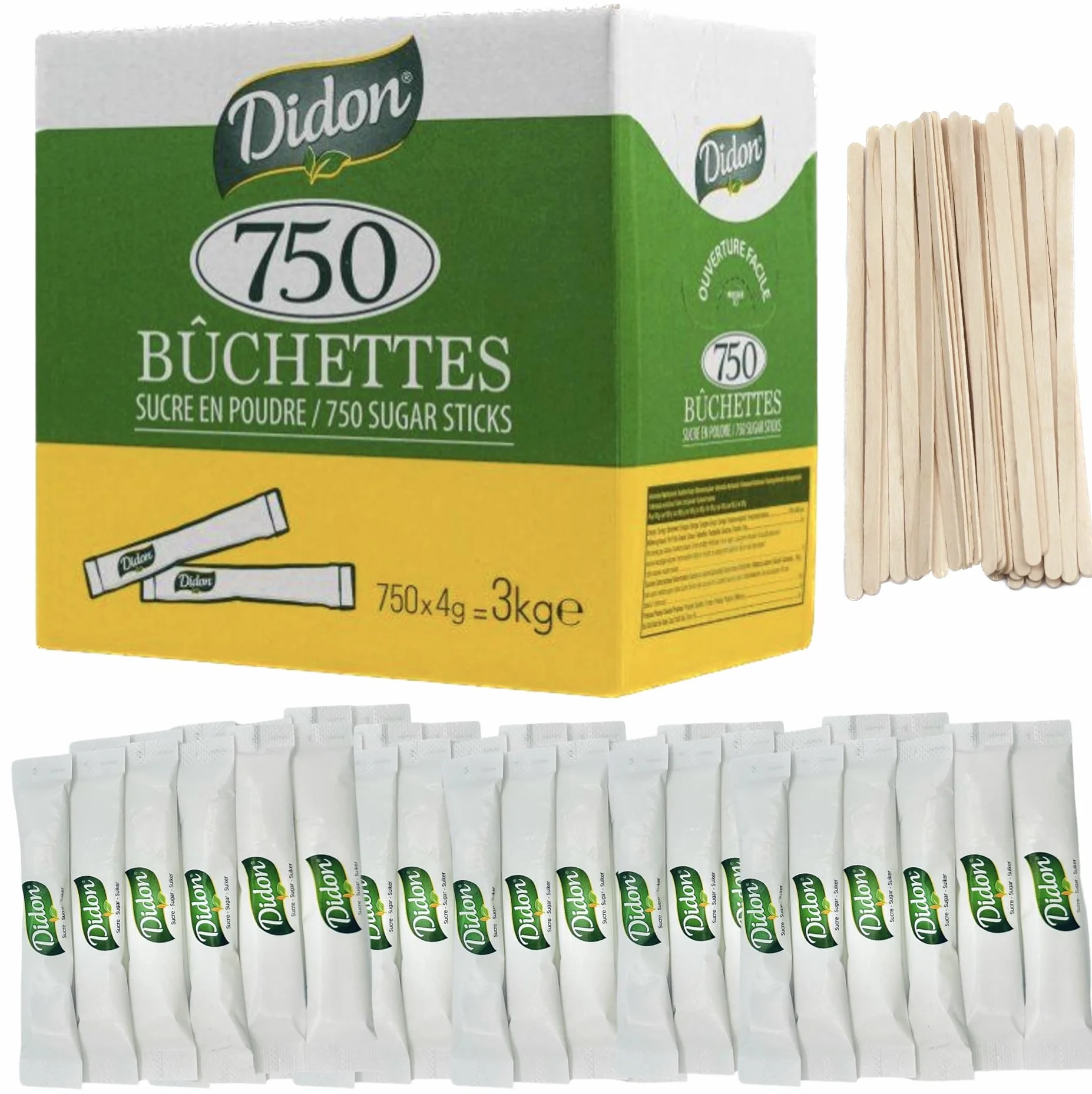 Lot de 750 (3KG) Sachets DIDON Bûchettes de Sucre Individuels de 4g (3kg) avec un lot d'agitateurs en bois - Inclus des agitateurs en bois - Idéal pour les Boissons Chaudes, Cafés et Thés