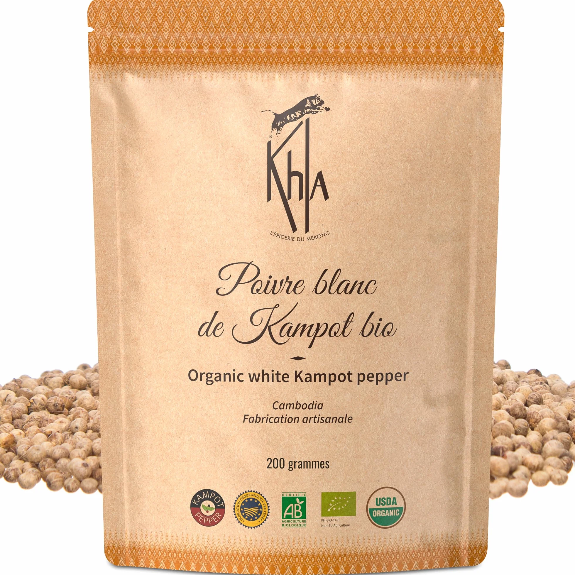 Khla - Poivre Blanc de Kampot Bio - Sachet Vrac Poivre en Grains 200g - Recharge Moulin - Grand Cru, Fort & Puissant - Ingrédient Cuisine - Direct Producteur - Épice Asie - Origine Cambodge