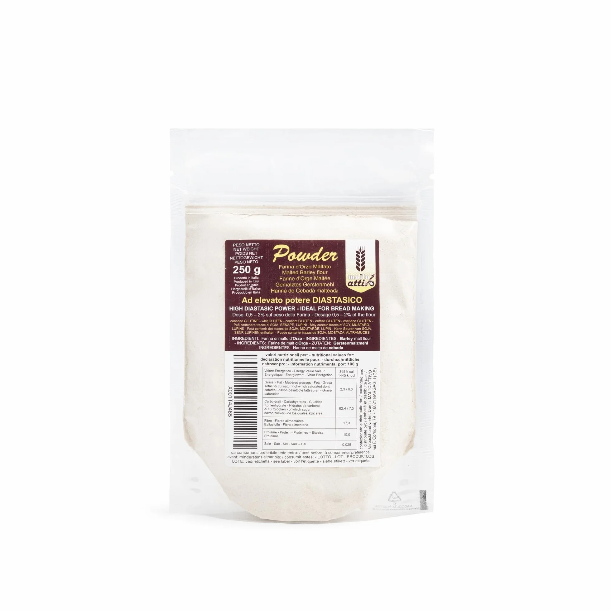 Malto Attivo, Powder 250g, Malt d'Orge à Haut Pouvoir Diastasique, Malt Diastasique Idéal pour la Panification,14.000 Unités Pollak, Made in Italy