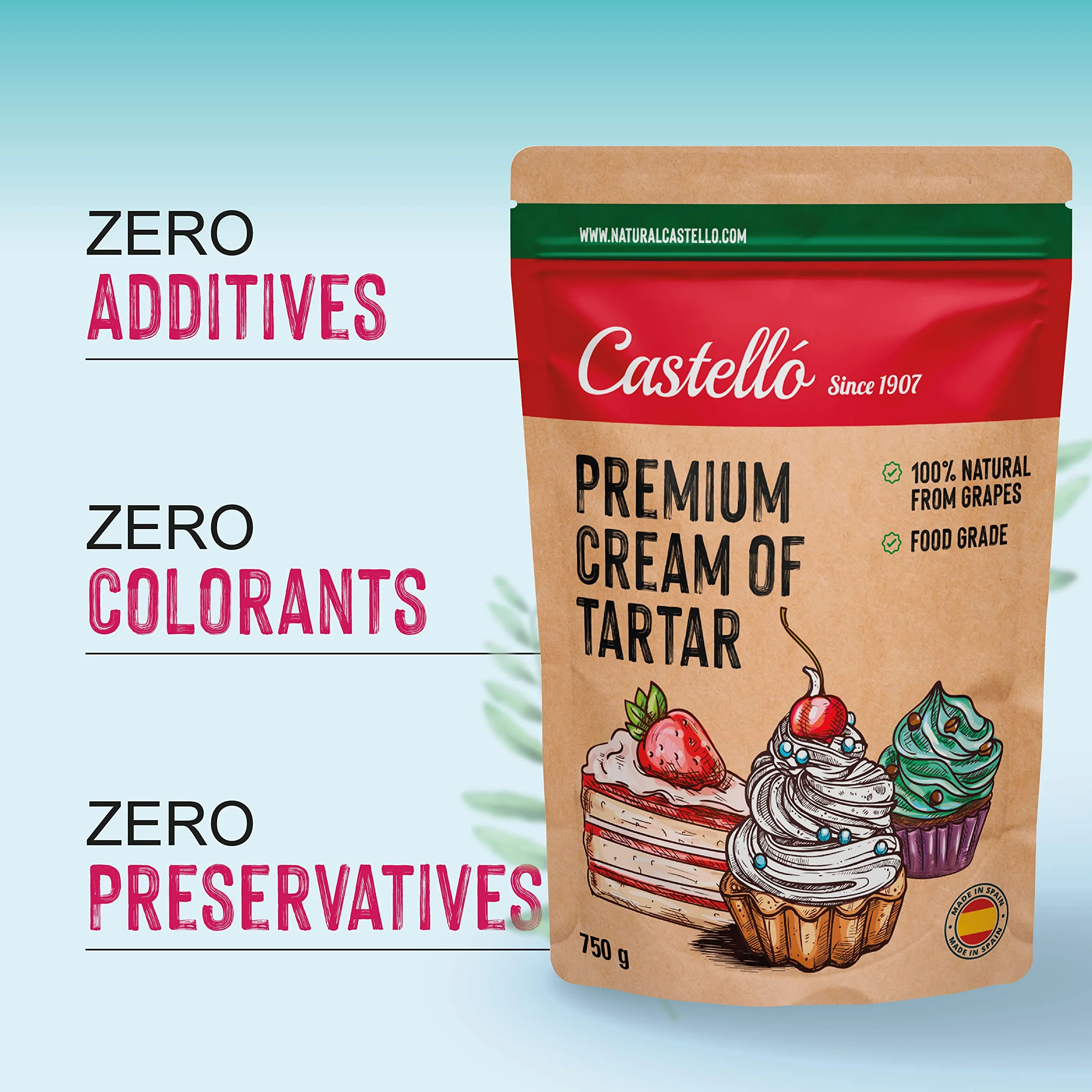 Castello since 1907 Crème de tartre 750 g | 100% Naturel, Substitut Naturel de la levure chimique, Sans Gluten, Sans Phosphates, Keto et Paleo