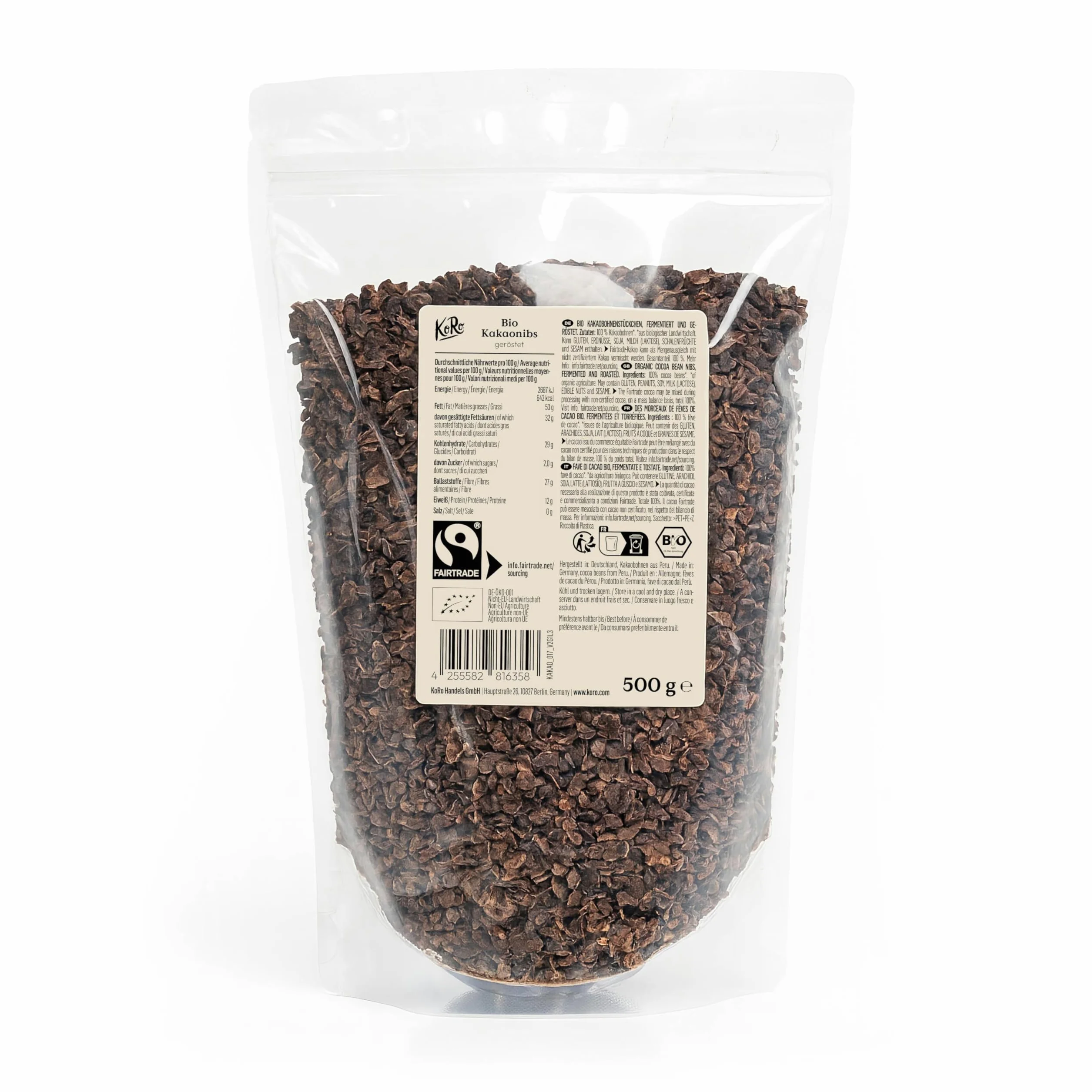 KoRo - Grués de cacao Fairtrade bio 500 g - Fèves décortiquées et torréfiées - Goût chocolaté - Riche en fibres