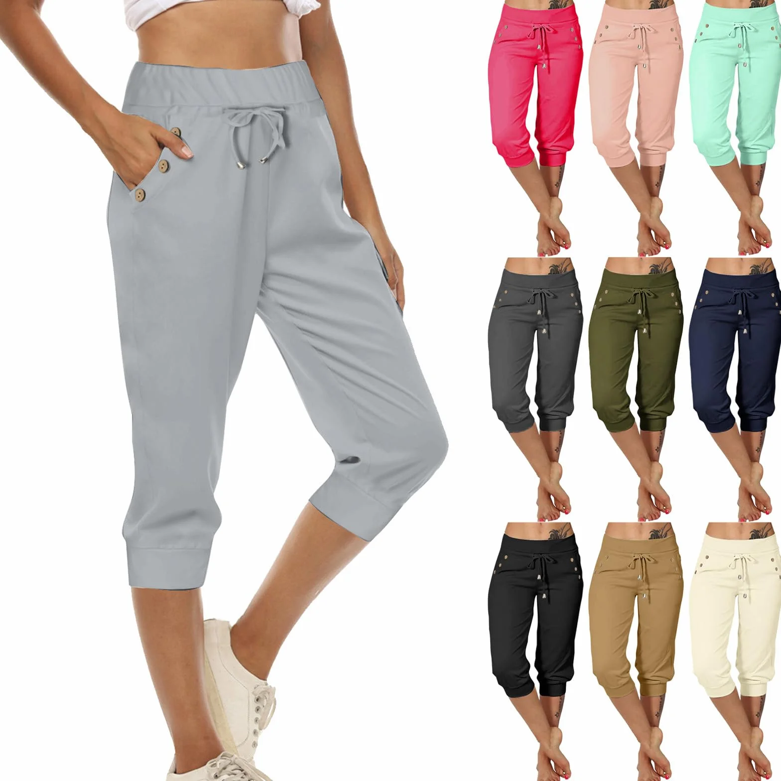 EMATOP Pantalon de jogging femme 3/4 coton couleur unie avec poches