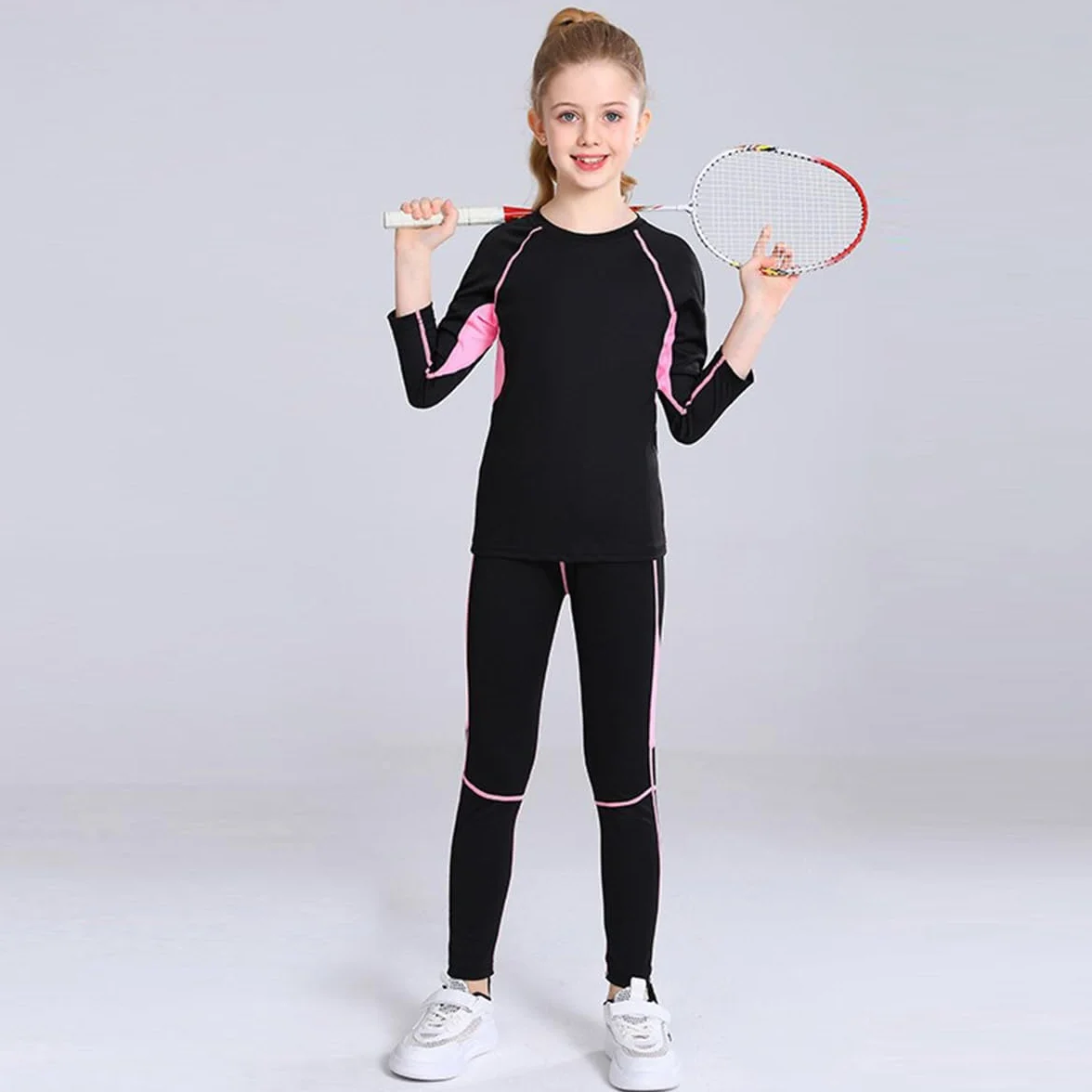 Linboo Survêtement de sport 2 pièces pour fille manches longues pantalon respirant élastique ensemble danse fitness enfants
