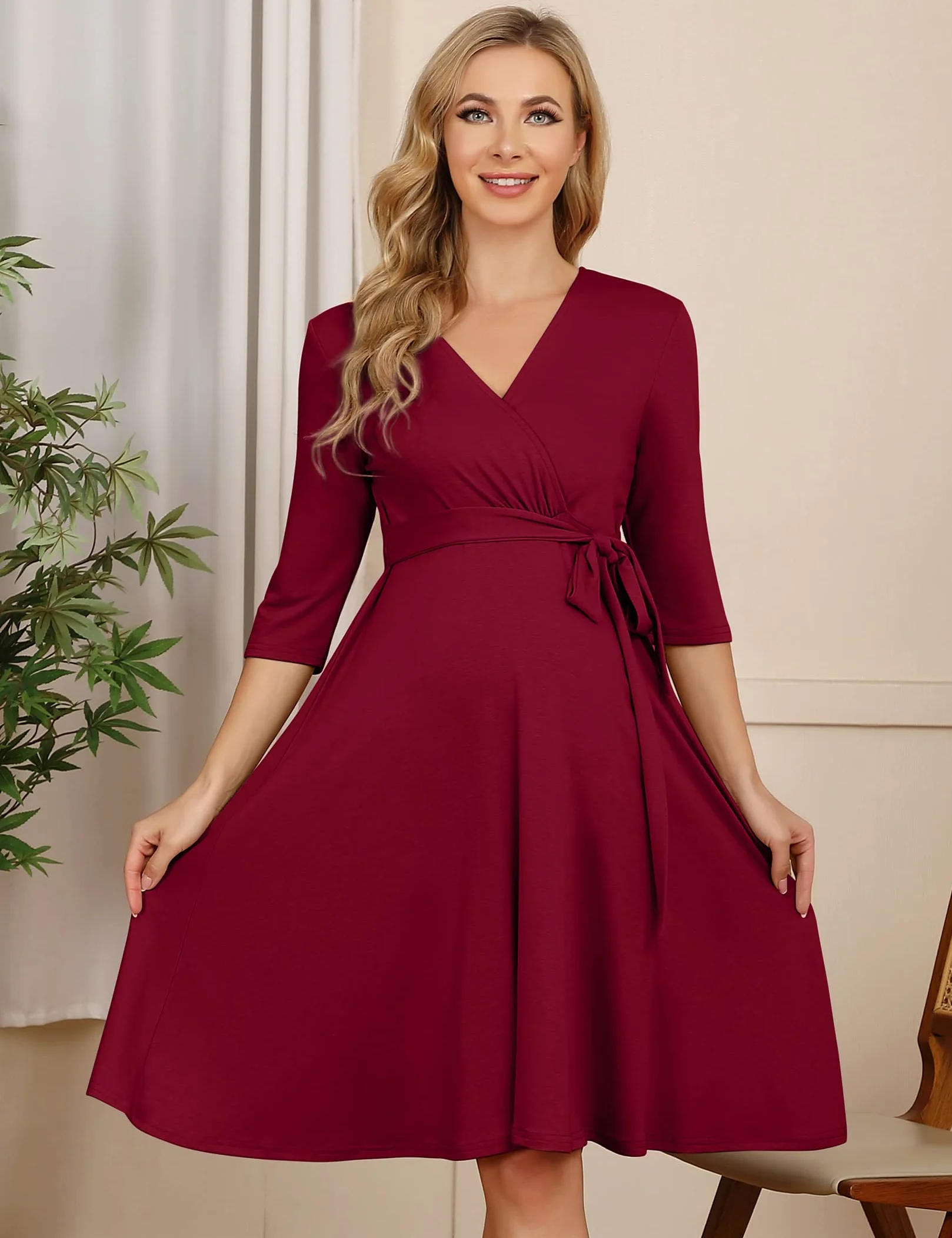 KOJOOIN Robe de Maternité Femme Enceinte Col V Manches Longues Ceinture