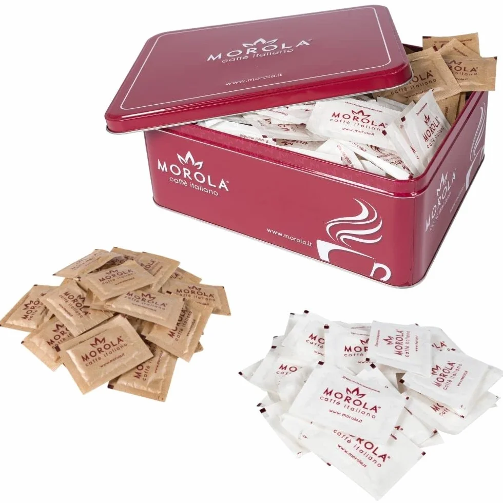 Morola Caffè Italiano - Sugar Mix 300 Pieces - Kit 150 Sachets de Sucre Blanc et 150 Sachets de Sucre Brun + Boîte Métallique - Set D'Accessoires Pour le Café - Doses Individuelles - Made in Italy