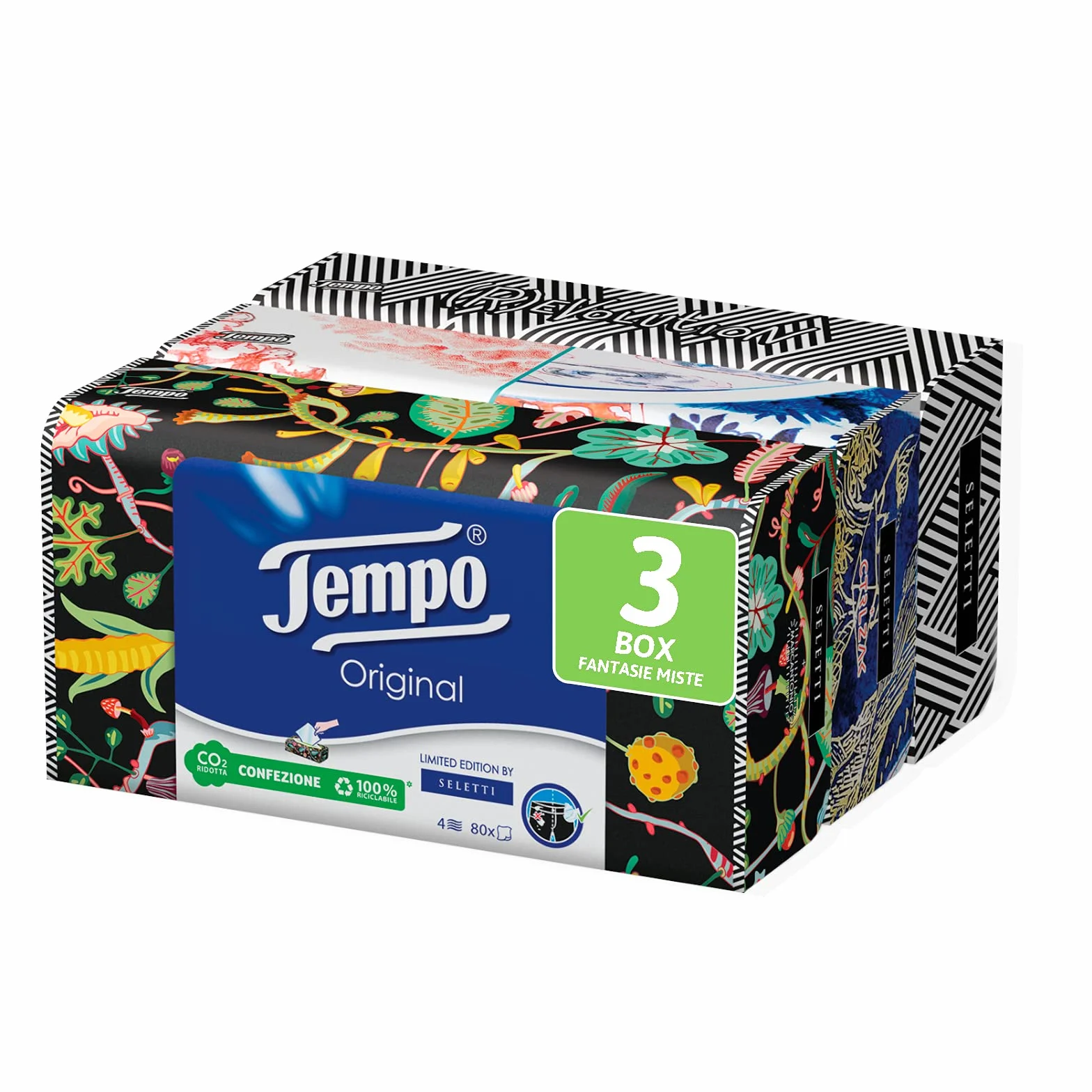 Tempo, Boîte de mouchoirs en papier, 3 boîtes de 80 mouchoirs jetables, 4 couches, 4 graphiques assortis, emballage recyclable