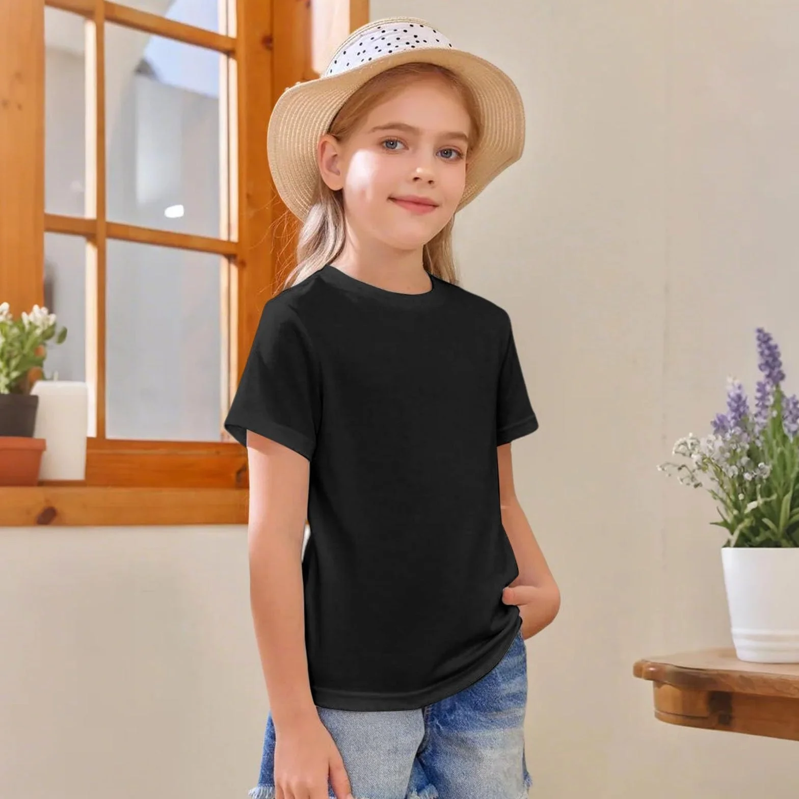 T-shirt à manches courtes en coton pour filles col rond haut basique enfants