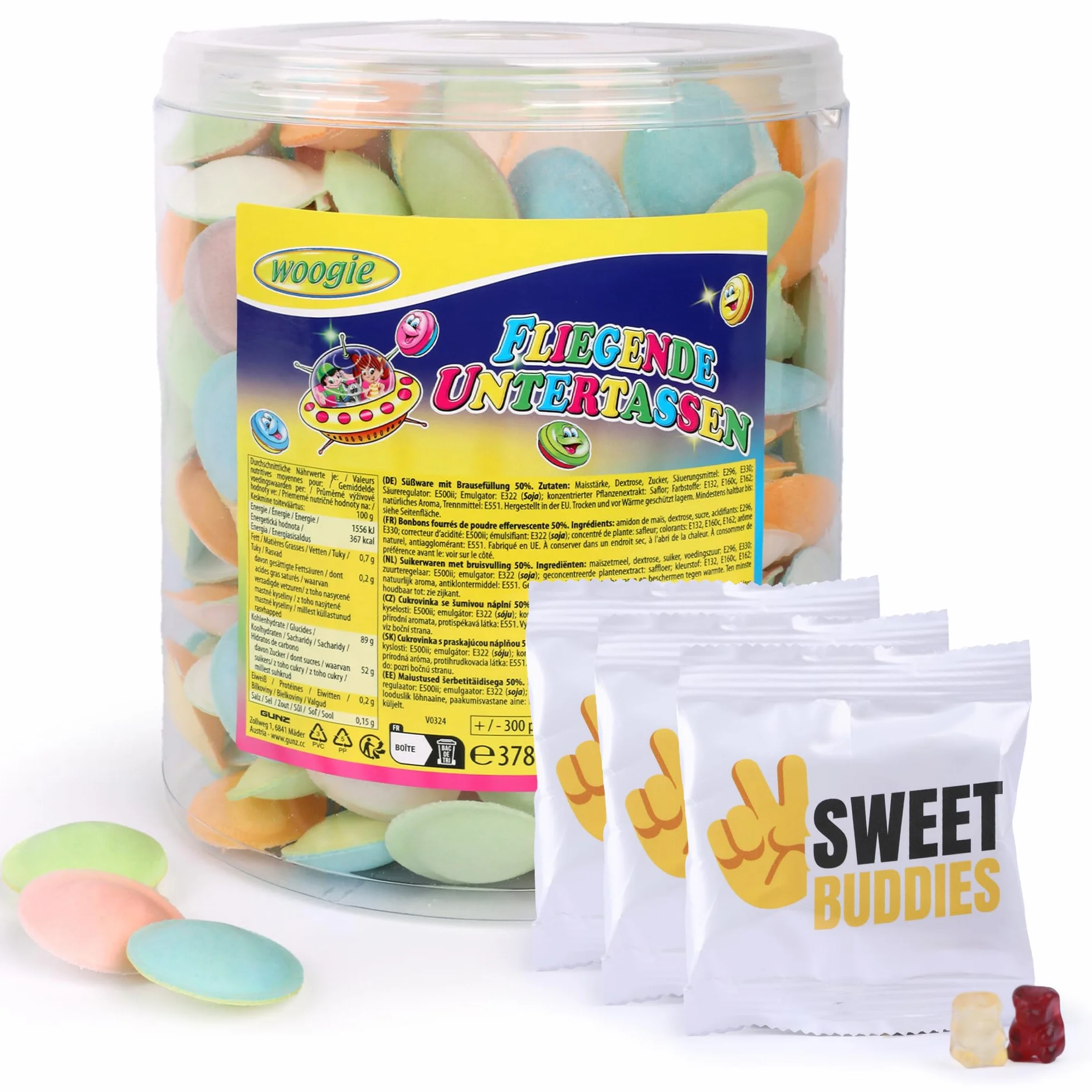 Woogie Soucoupes volantes 378g env. 300 pièces - OVNIs effervescents multicolores en gaufrettes de papier alimentaire - Friandises rétro cultes pour fêtes, anniversaires d'enfants & classes d'école