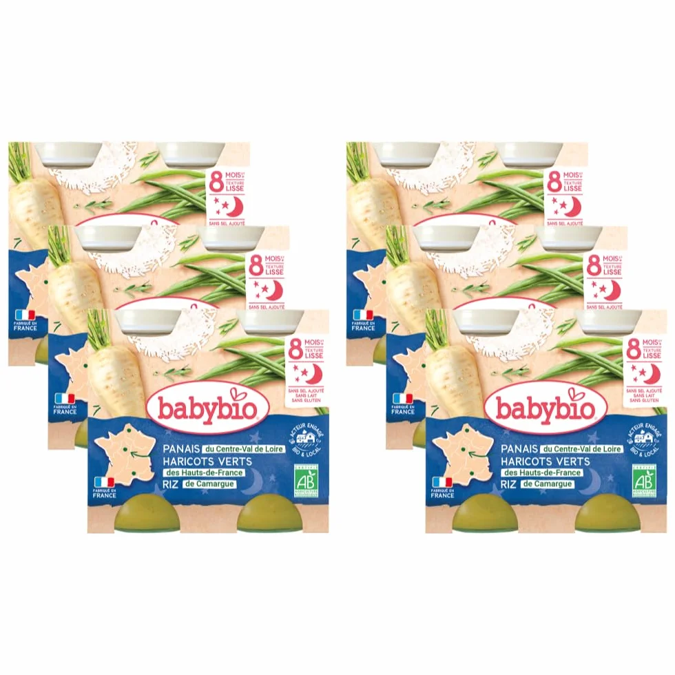 Babybio Pots Panais/Haricots Verts de Vendée Riz 400 g - Lot de 6 - Bio