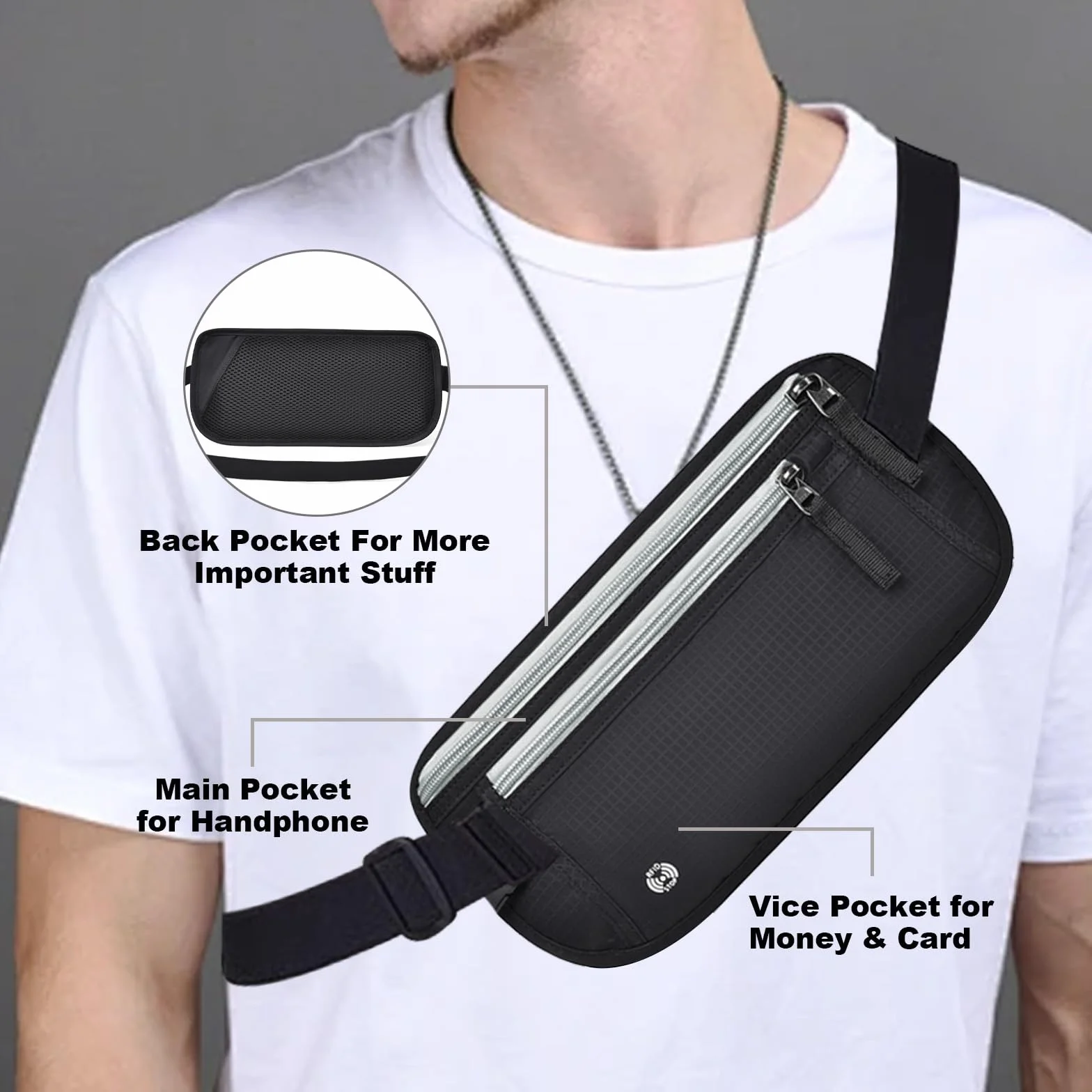 Ceinture de voyage sécurisée RFID étanche antivol pour homme - Sac banane noir taille unique