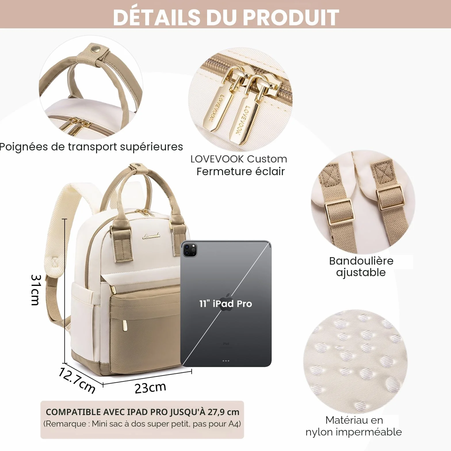 LOVEVOOK Petit Sac à Dos Femme, Mini Sac à Main Imperméable Antivol avec Port USB, Kaki Beige