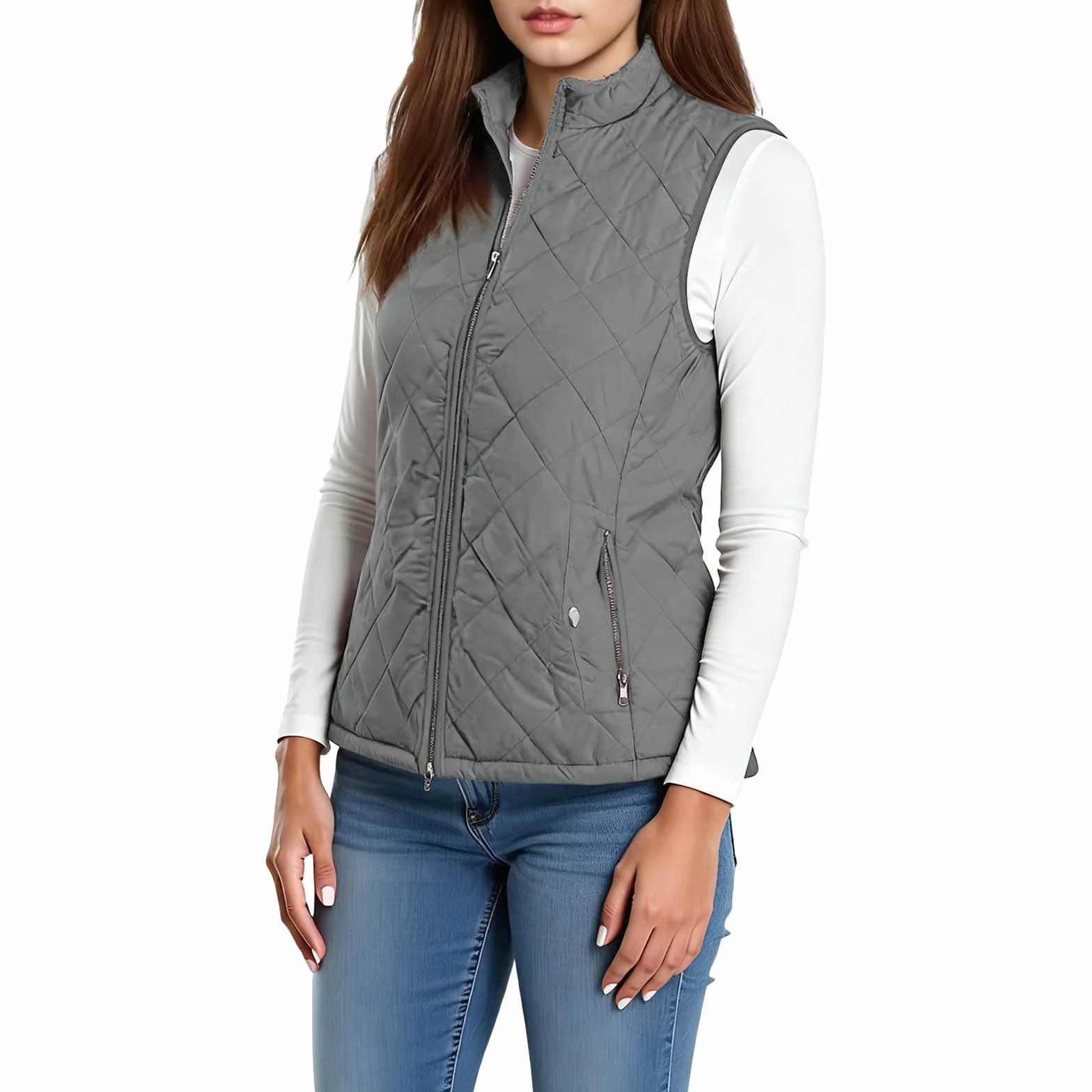 Gilet matelassé pour femme avec poches zippées col montant veste légère rembourrée sans manches coupe ajustée