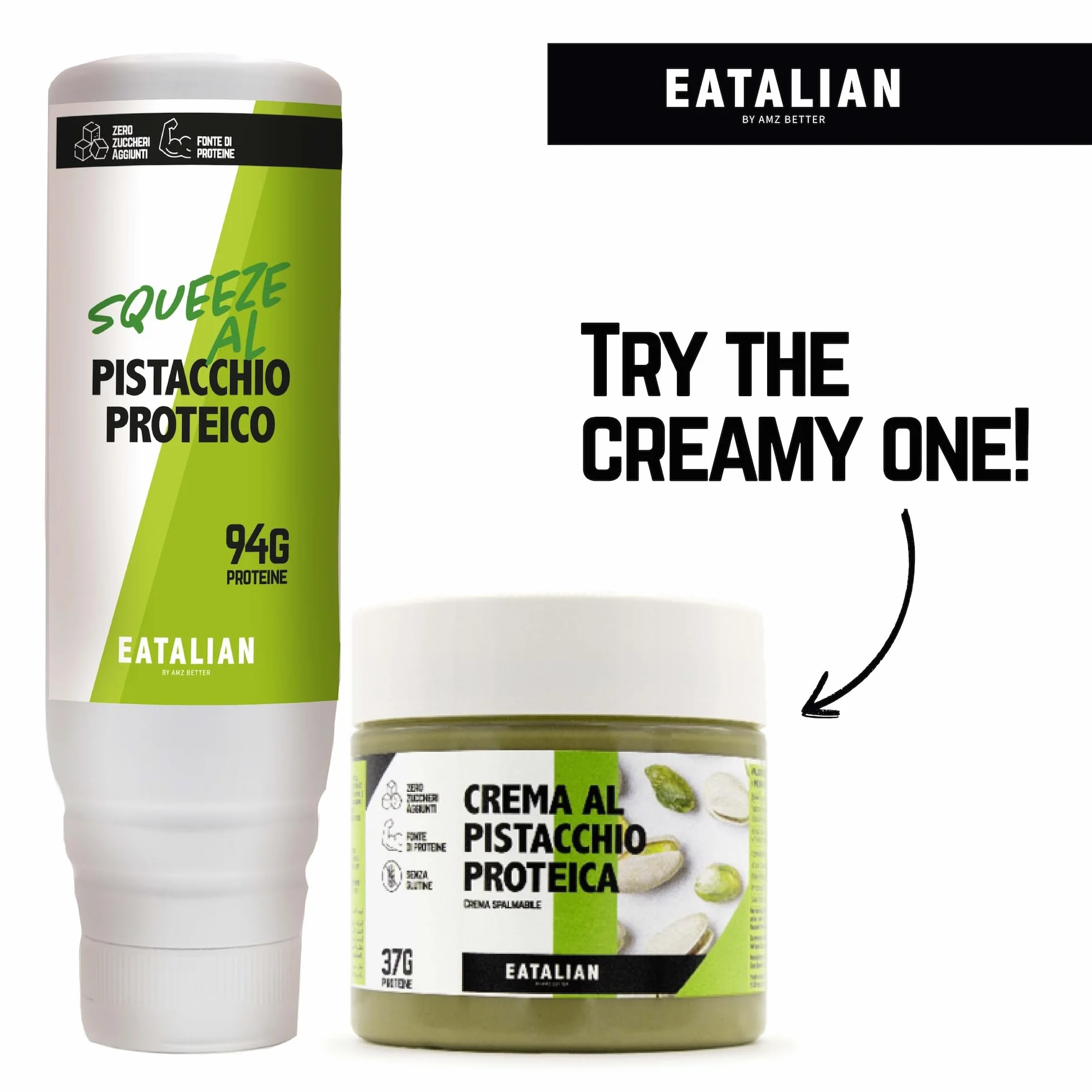 EATALIAN by AMZ BETTER Topping Protéiné au Goût de Pistache, Crème Sucrée Protéinée en Squeezer de 500 gr, Made in Italy, Sauce Pistache Idéale pour Décorer Glaces, Desserts et Dubai Chocolate