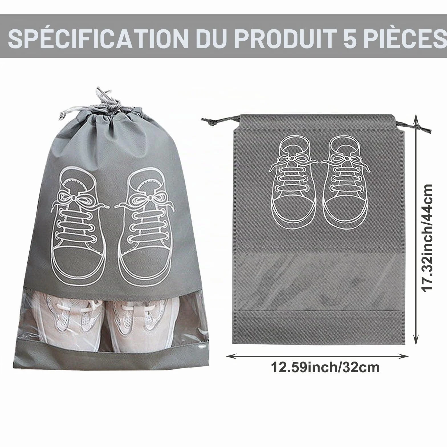 Lot de 5 Grands Sacs de Rangement pour Chaussures étanches à la Poussière avec Cordon de Serrage et Fente Transparente
